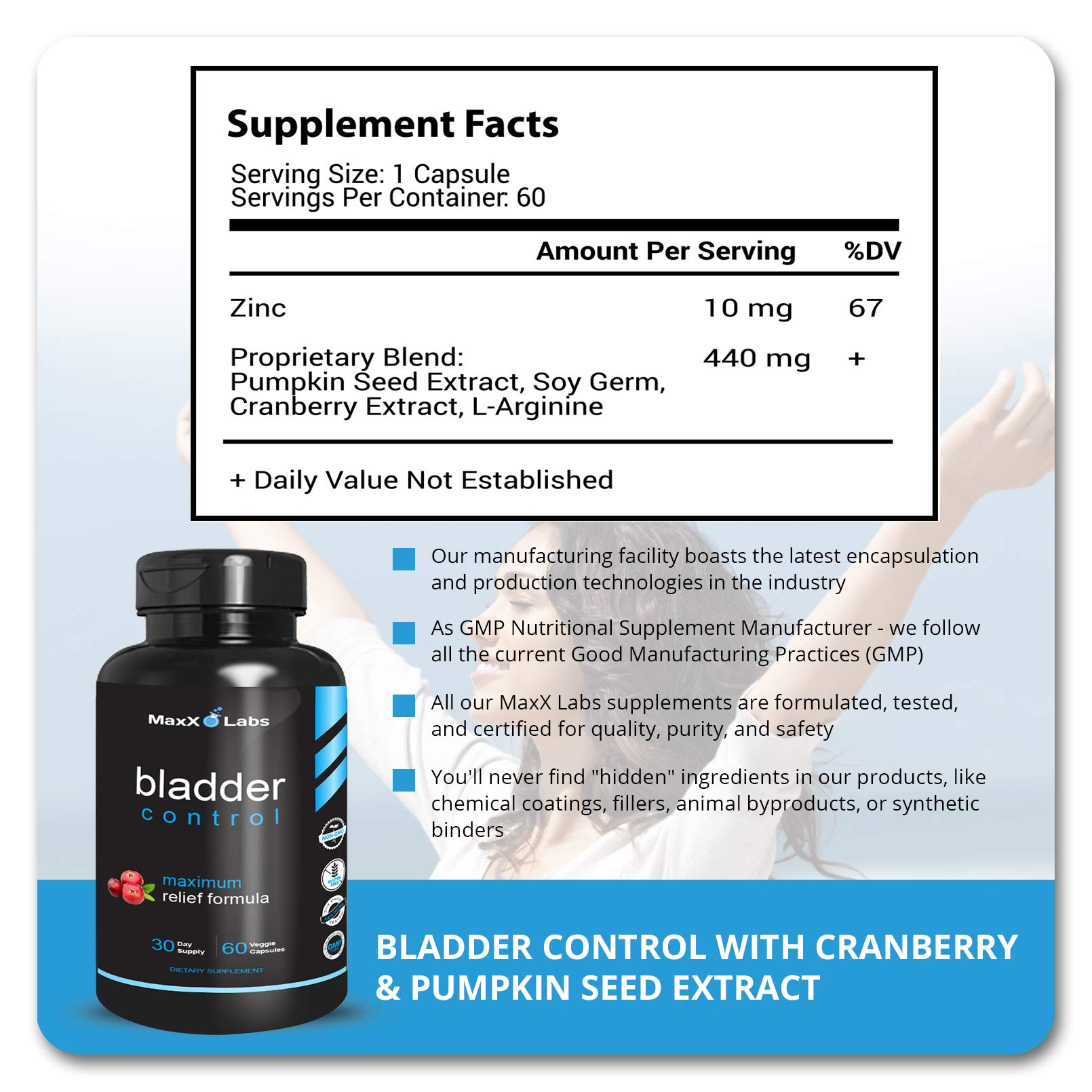 MaxX Labs Bladder Control Supplement - Overactive Bladder Control Pills - Potent Blend of Pumpkin Seed Oil, Cranberry Extract & Vitamin D3 - Urinary Tract Infection Treatment for Women & Men - 60Ct