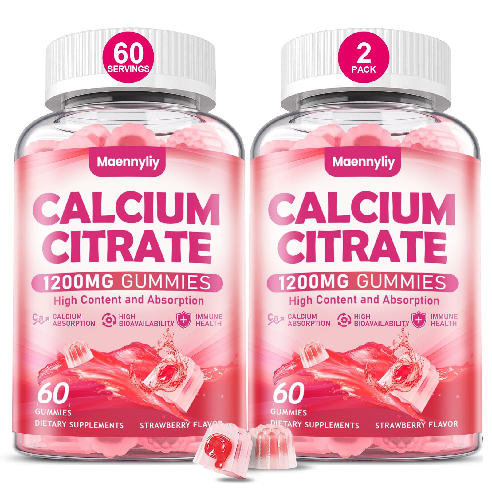 Calcium Citrate Gummies 1200 mg for Adults: Ultimate Absorption Calcium Supplement for Women & Men - Easy to Digest, Vegan, Non-GMO, Gluten Free - Natural Strawberry Flavor