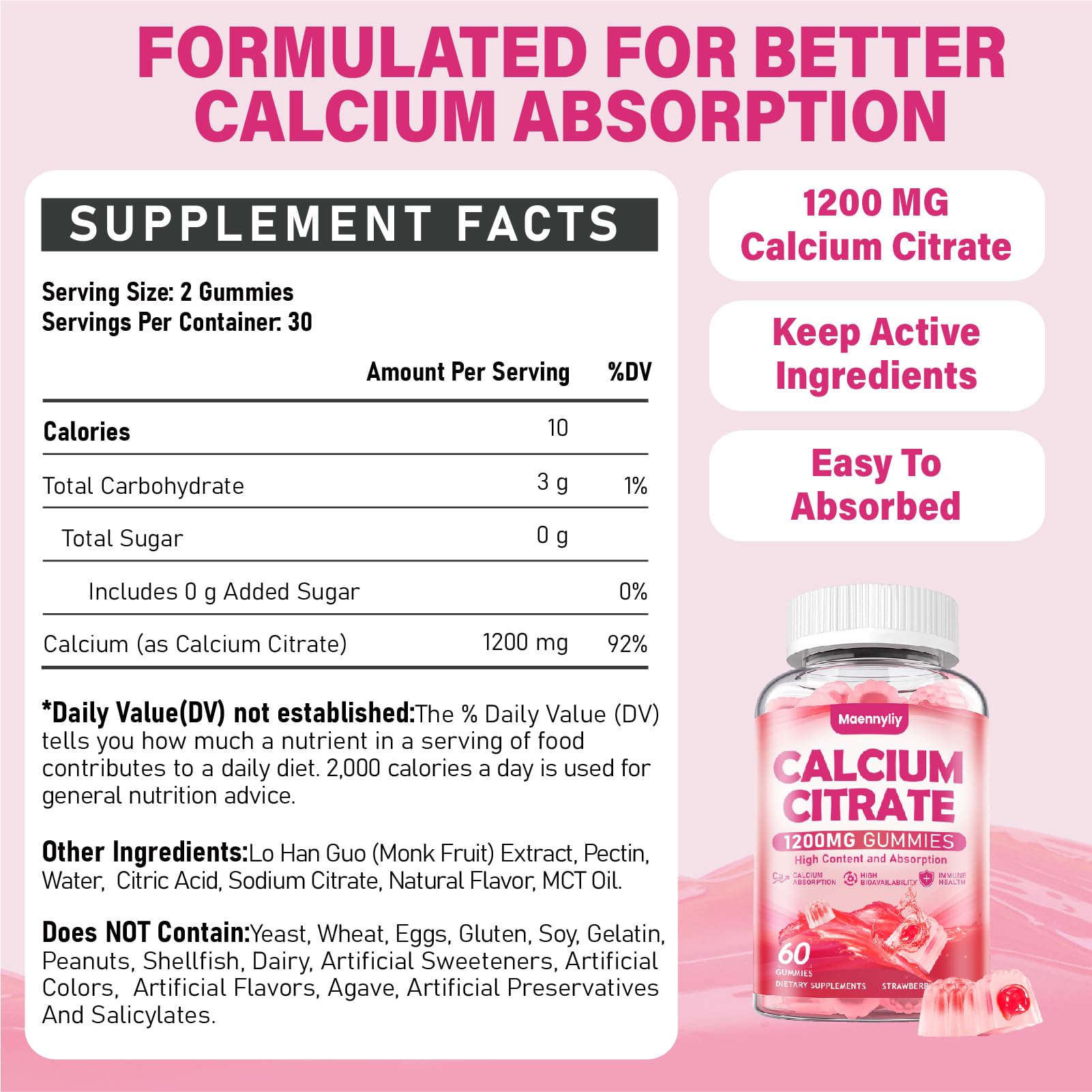 Calcium Citrate Gummies 1200 mg for Adults: Ultimate Absorption Calcium Supplement for Women & Men - Easy to Digest, Vegan, Non-GMO, Gluten Free - Natural Strawberry Flavor