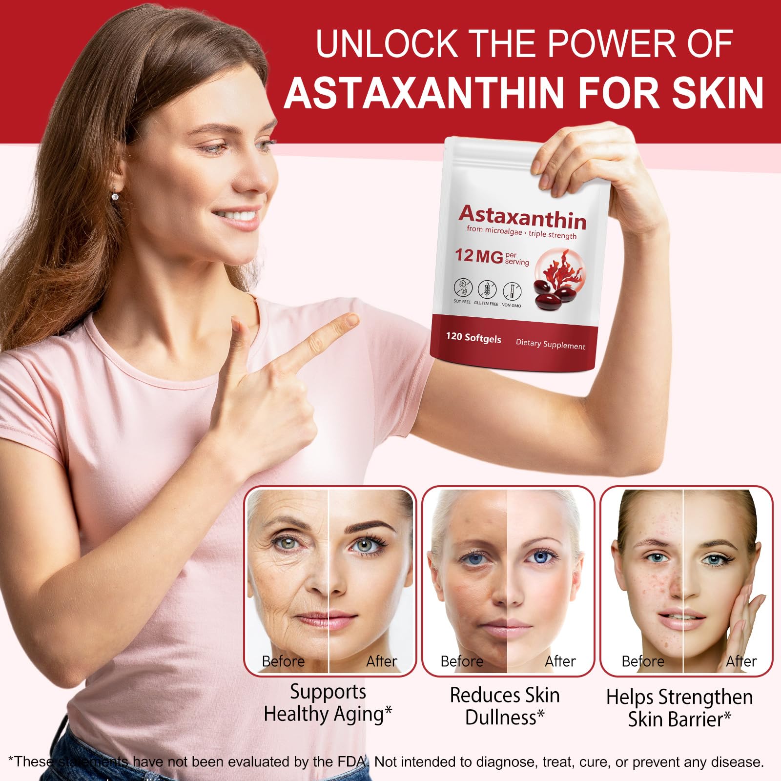 Astaxanthin Supplements 12mg, 120 Astaxanthin Softgels, Premium As-taxanthin Antioxidant Supplements with Antioxidant Activity, Supports Eye, Skin, Immune, Joint, Internal Circulation-4 Month Supply