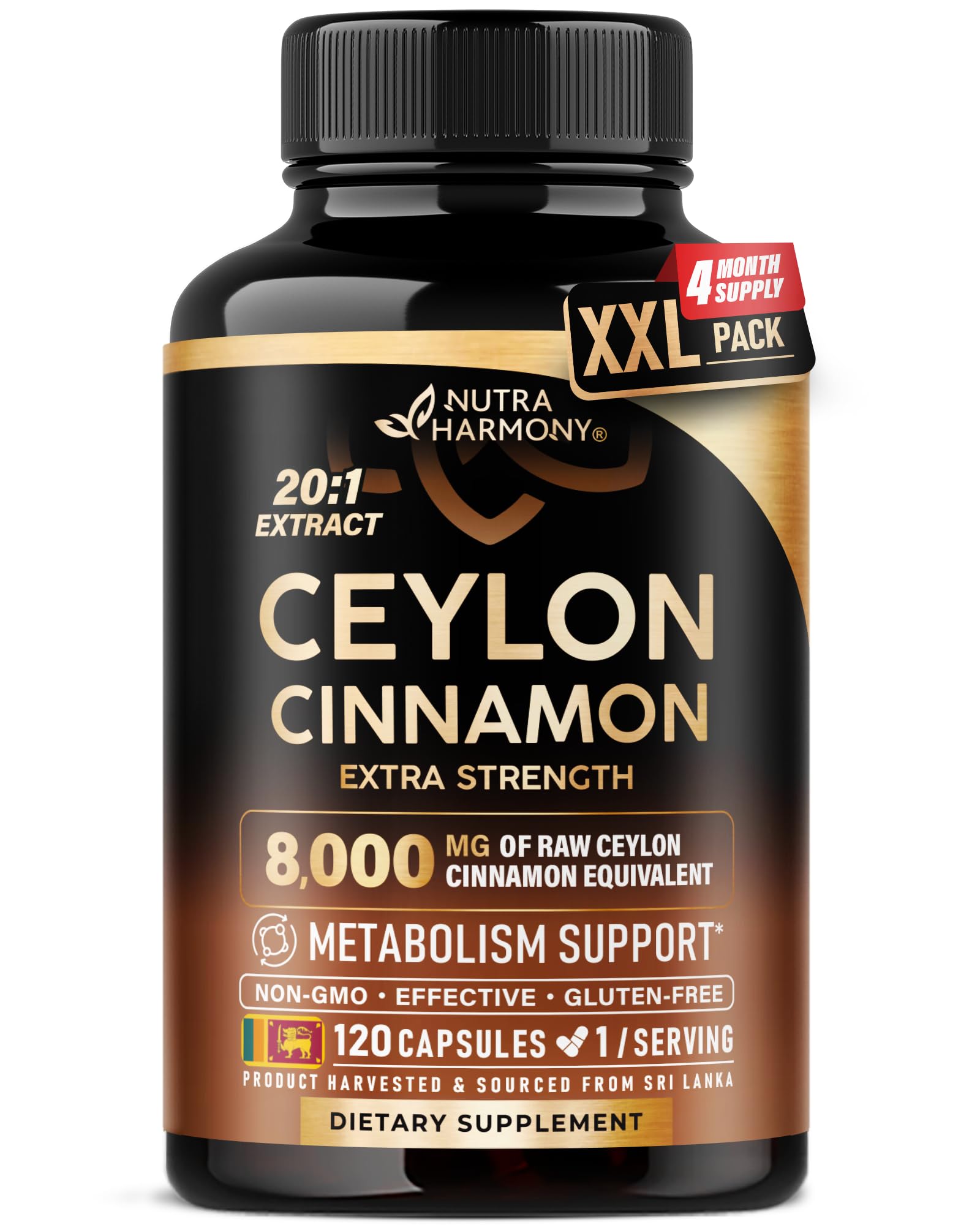 Ceylon Cinnamon Capsules - Extra Strength - Energy, Heart & Metabolism Support - for Men & Women - Pure Natural Extract 20:1 Supplement - Made in USA - GMO & Gluten Free, 120 Capsules, 4 Month Supply