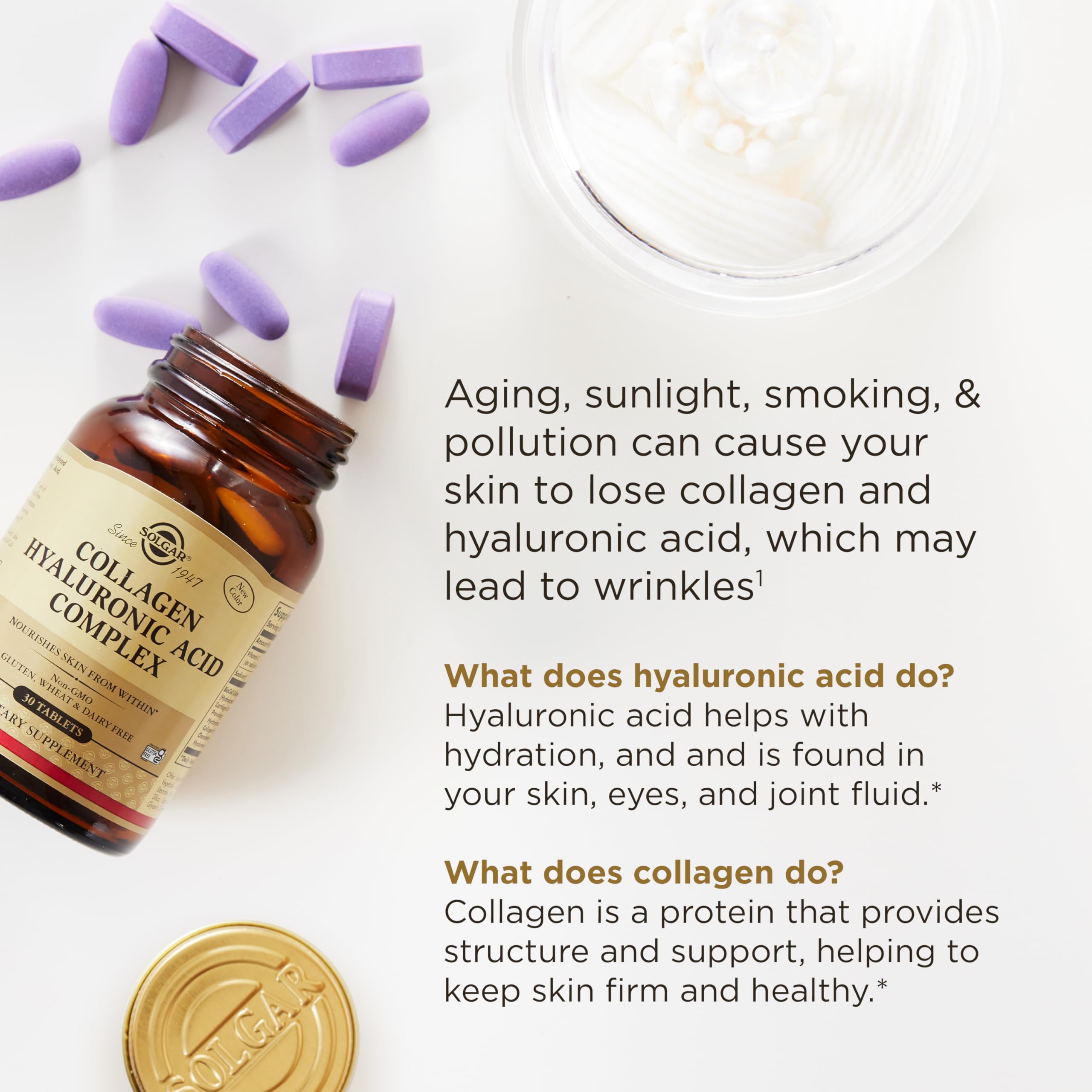 Solgar Collagen Hyaluronic Acid Complex, 30 Tablets - Hydrolyzed Collagen Type 2 - Helps with Fine Lines & Wrinkles - Boosts Skin Collagen & Elasticity - Non-GMO, Gluten & Dairy Free - 30 Servings