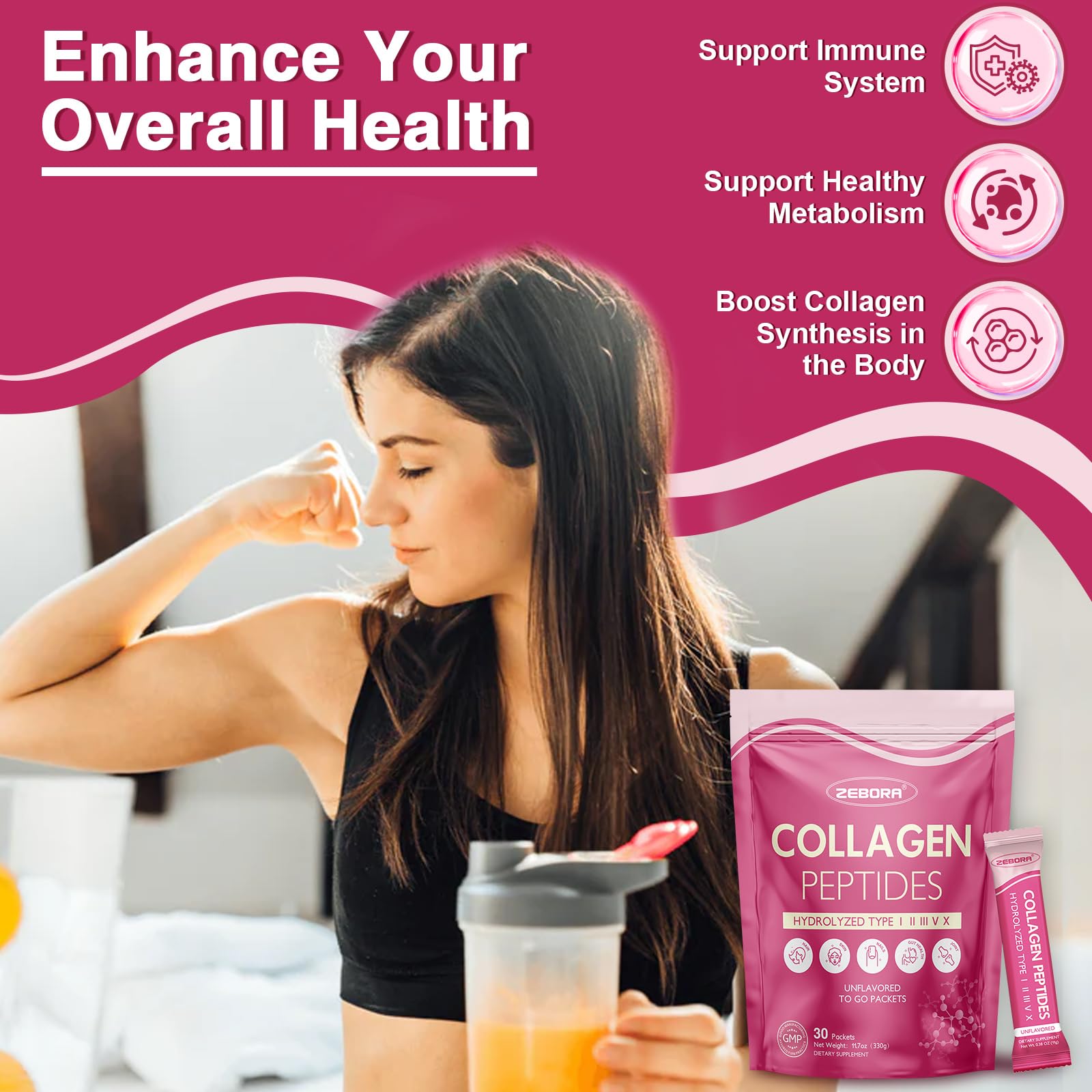 ZEBORA Multi Collagen Peptides Powder Packets with Hyaluronic Acid, Biotin, MCT - Hydrolyzed Collagen with 5 Billion Probiotics - Support Skin Hair Nail & Gut Health - 30 Stick Packs
