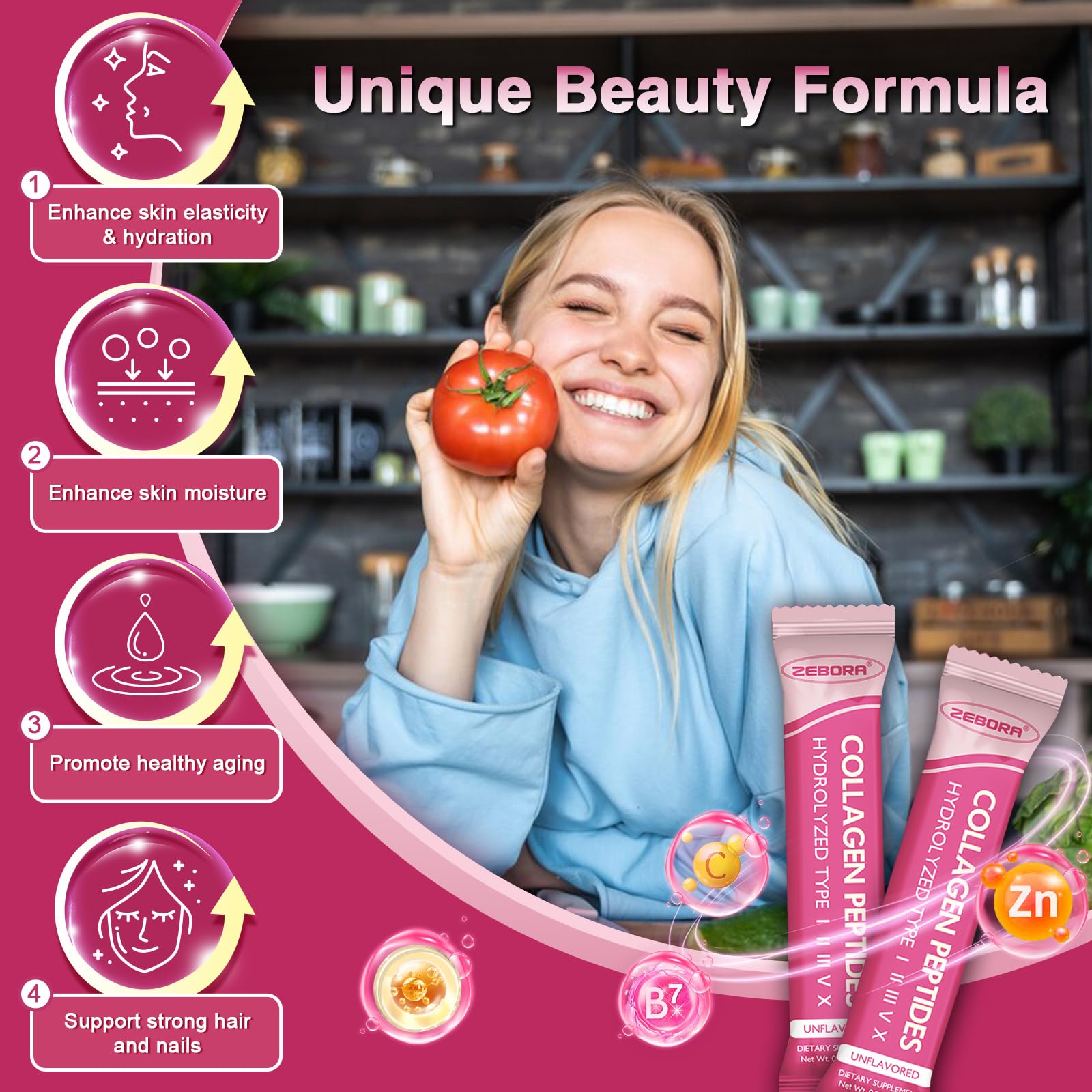 ZEBORA Multi Collagen Peptides Powder Packets with Hyaluronic Acid, Biotin, MCT - Hydrolyzed Collagen with 5 Billion Probiotics - Support Skin Hair Nail & Gut Health - 30 Stick Packs