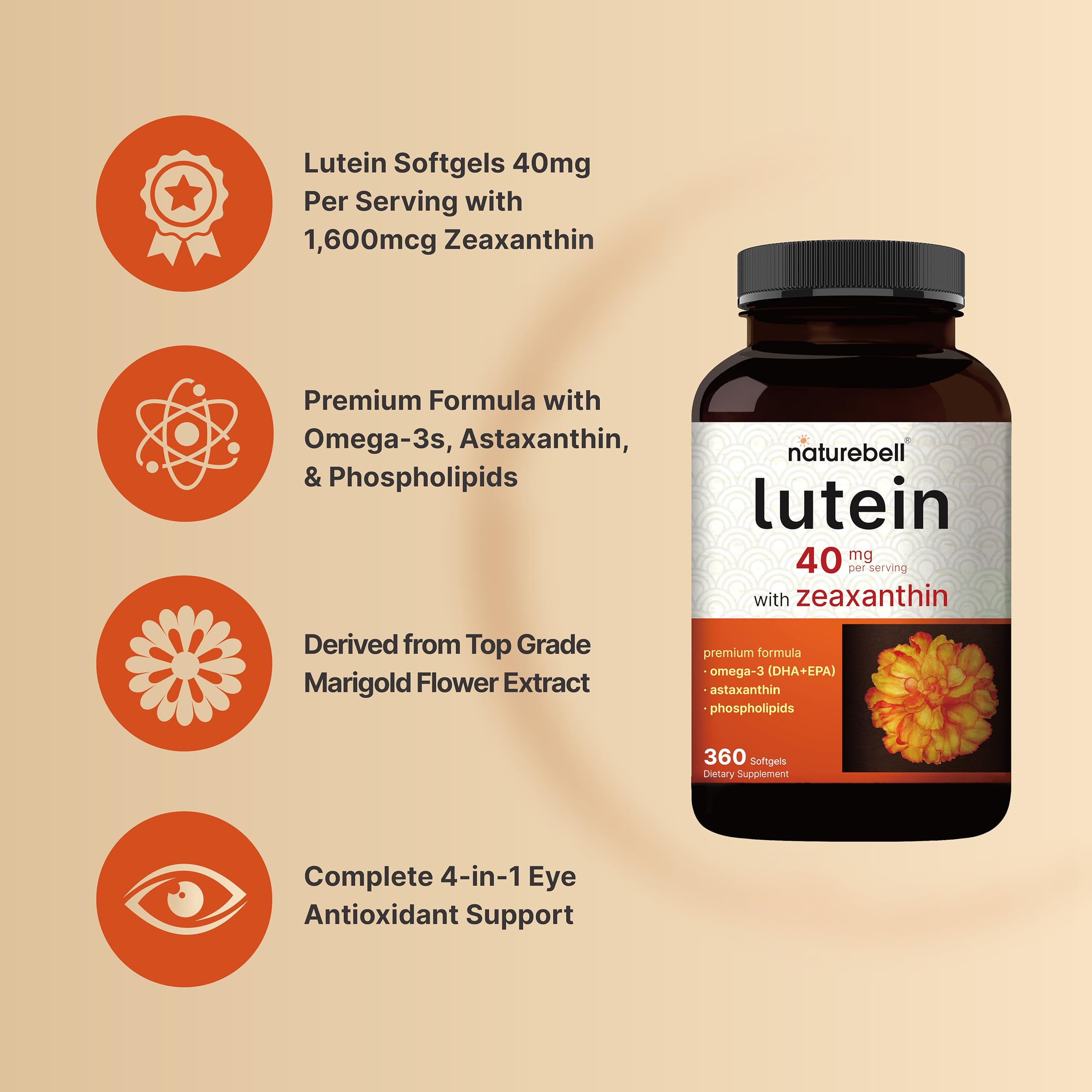 Lutein 40mg + Zeaxanthin 1,600mcg, 360 Softgels | 4-in-1 Formula with Astaxanthin, Omega-3 & Phospholipids | Marigold Flower Extract | Supports Eye, Brain & Vision Health | Non-GMO, Gluten Free