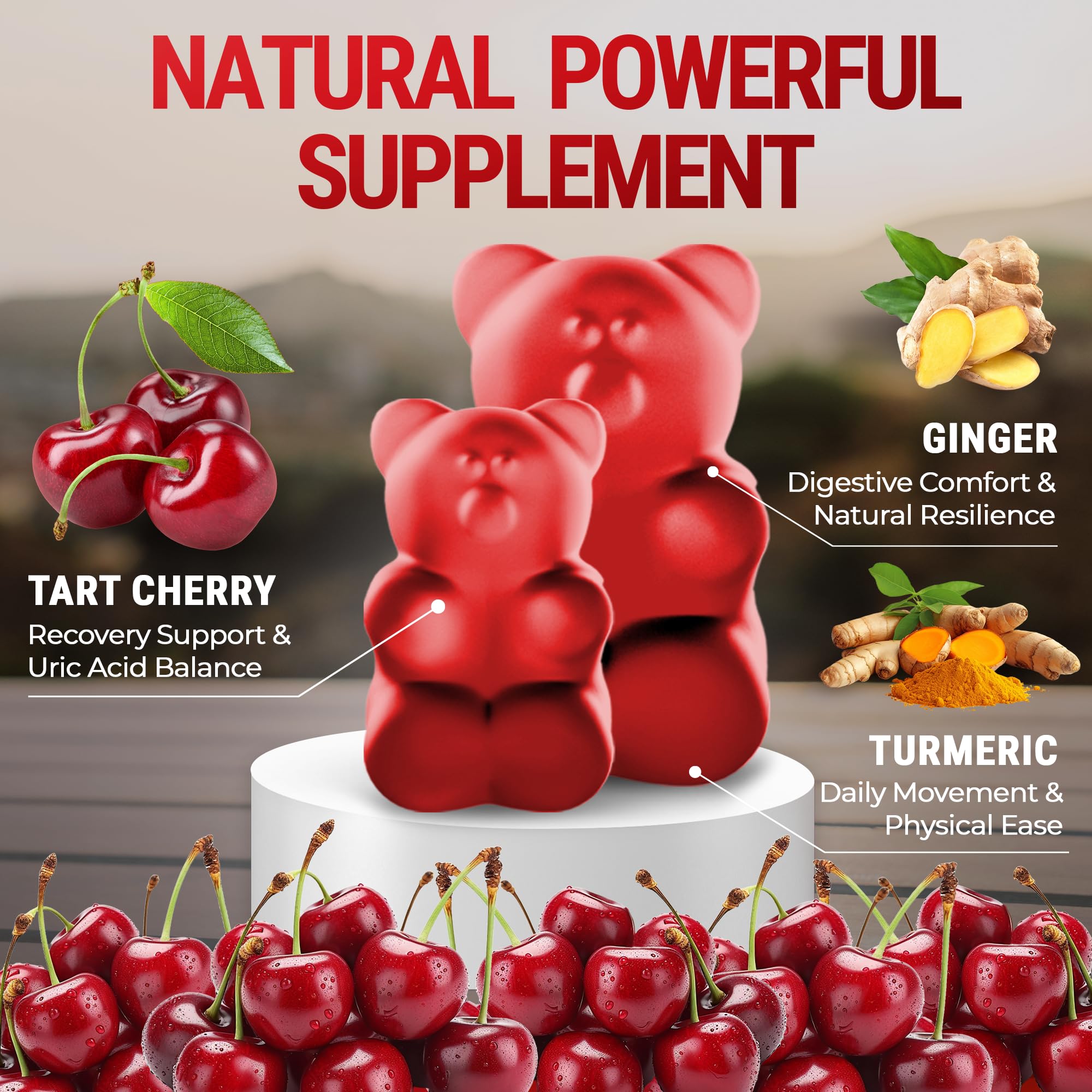 [Ultra Strength] Tart Cherry Gummies Extract with Turmeric & Ginger - Natural Tart Cherry Supplement for Uric Acid Cleanse Support & Recovery Gummies
