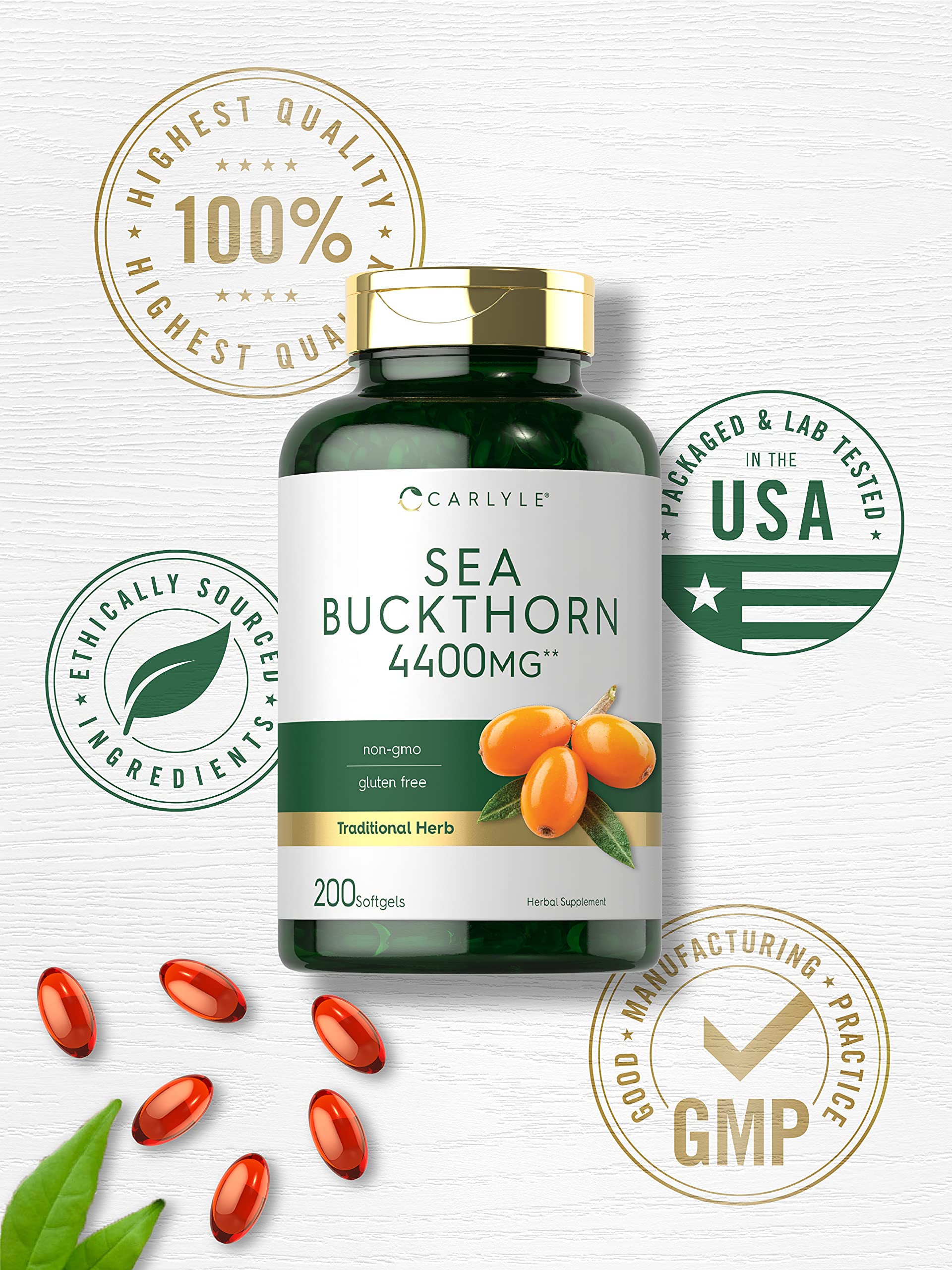 Carlyle Sea Buckthorn Oil Capsules | 200 Softgels | Non-GMO, Gluten Free | Sea Buckthorn Berry Oil Supplement