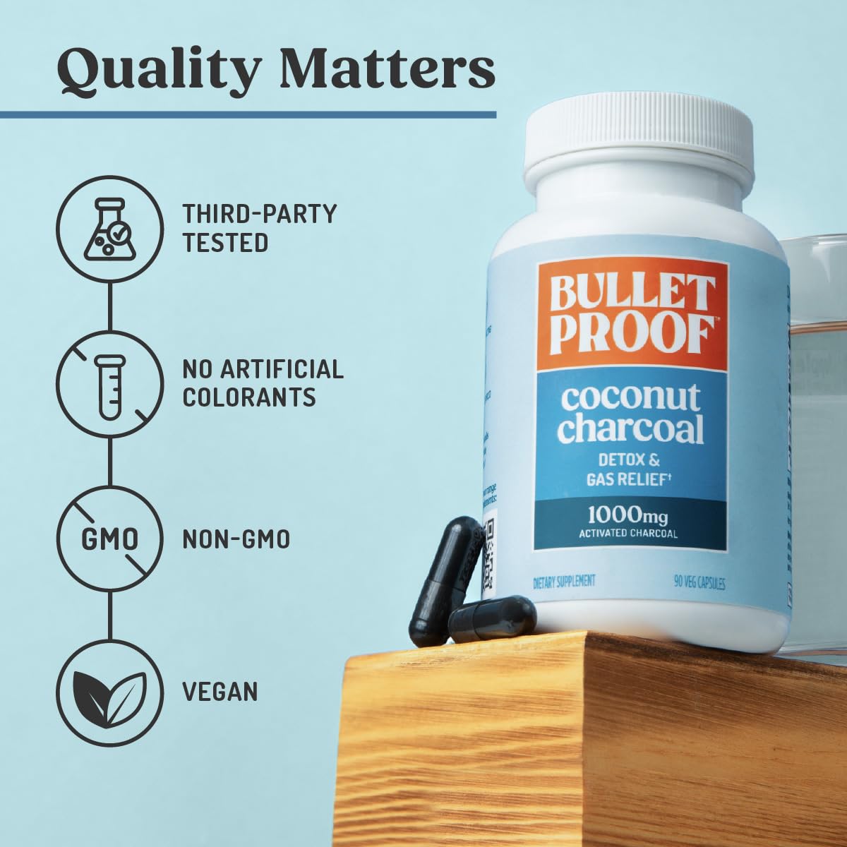 Bulletproof Coconut Charcoal Detox and Gas Relief Capsules, 90 Count, Sourced from 100% Coconut Shells, Activated Charcoal for Bloating Support