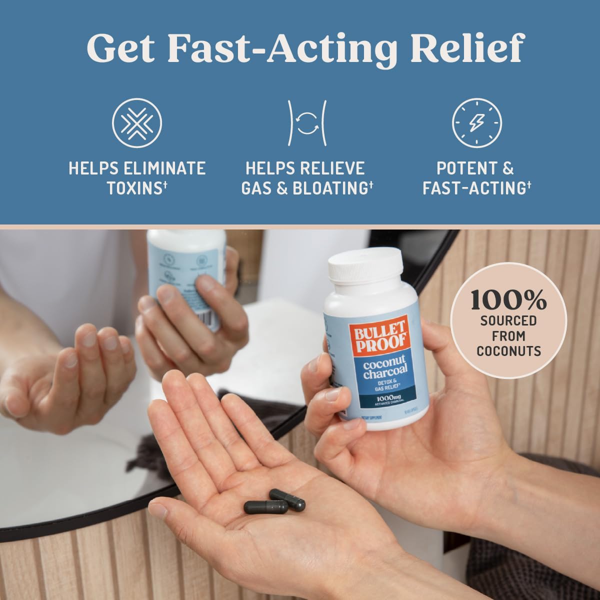 Bulletproof Coconut Charcoal Detox and Gas Relief Capsules, 90 Count, Sourced from 100% Coconut Shells, Activated Charcoal for Bloating Support