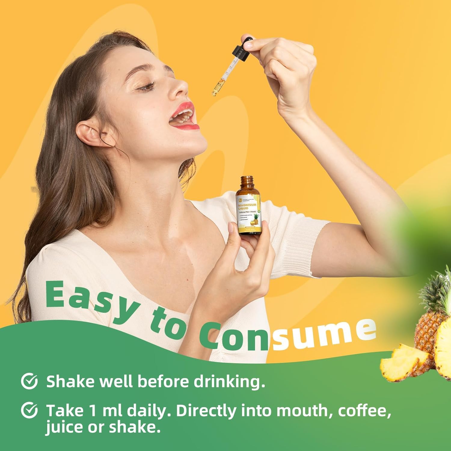 M inch Magnesium Glycinate Liquid, High Absorption Magnesium Liquid Drops with Cellulose Fiber, Bromelain, Vitamin B6, C, D, Zinc, Magnesium Supplement for Kids and Adults, Pineapple Flavor, 2 Pack