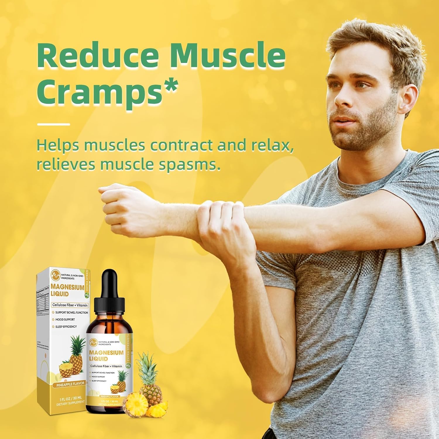 M inch Magnesium Glycinate Liquid, High Absorption Magnesium Liquid Drops with Cellulose Fiber, Bromelain, Vitamin B6, C, D, Zinc, Magnesium Supplement for Kids and Adults, Pineapple Flavor, 2 Pack