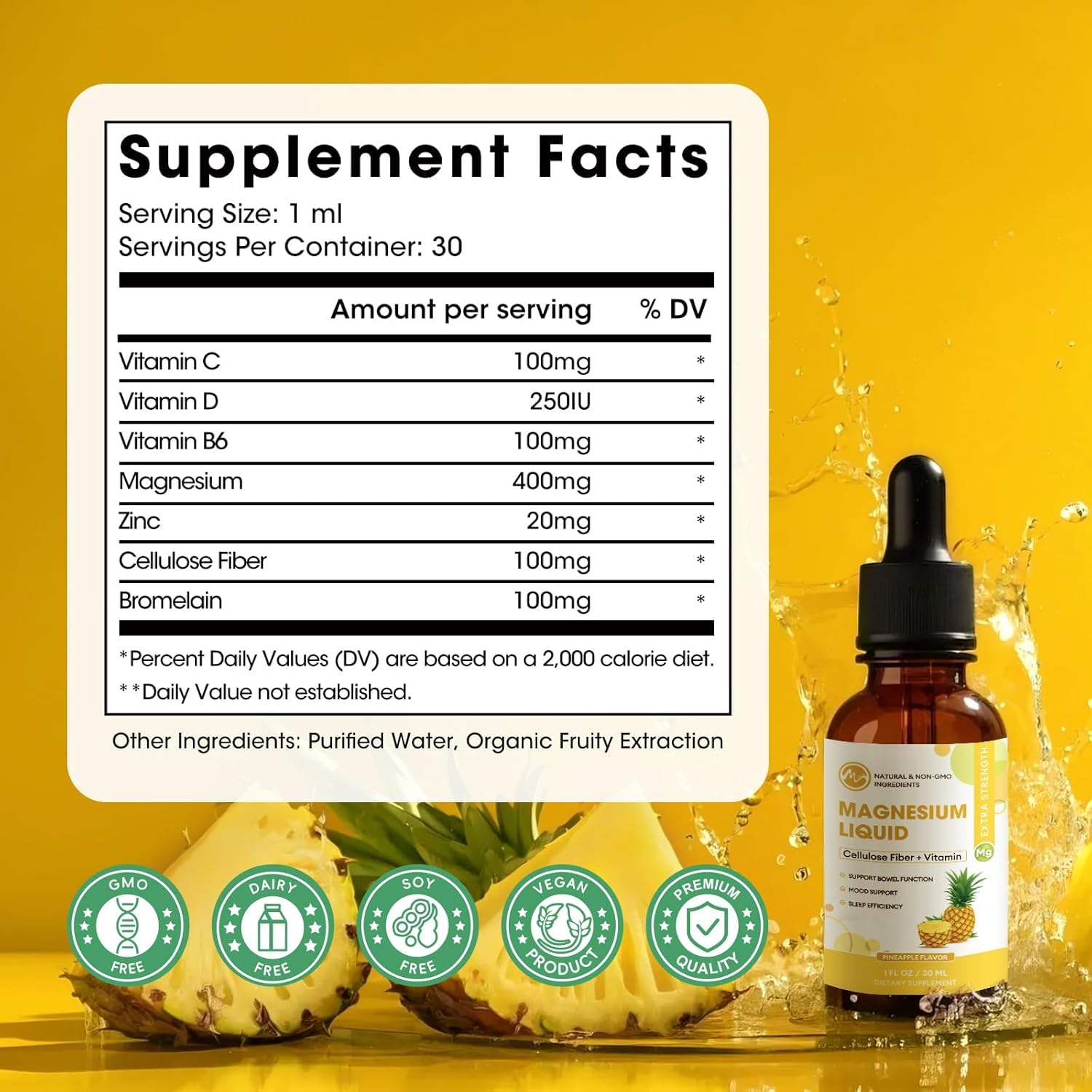 M inch Magnesium Glycinate Liquid, High Absorption Magnesium Liquid Drops with Cellulose Fiber, Bromelain, Vitamin B6, C, D, Zinc, Magnesium Supplement for Kids and Adults, Pineapple Flavor, 2 Pack