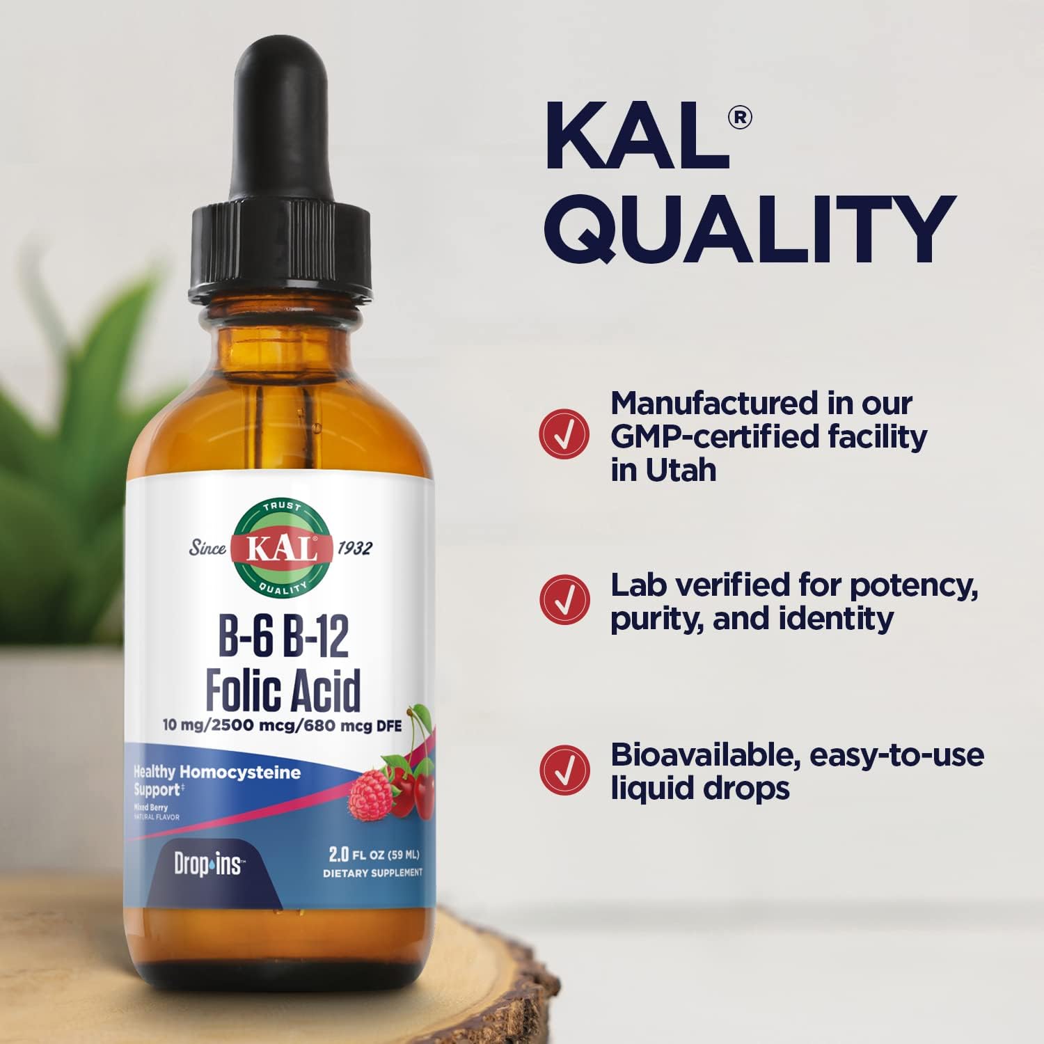 KAL Vitamin B-6 B-12 Folic Acid DropIns, Liquid Vitamin B Supplement Drops, Heart Health, Energy, Red Blood Cell Support with Methyl B12 and Methyl Folate, Natural Mixed Berry Flavor, 59 Servings, 2oz