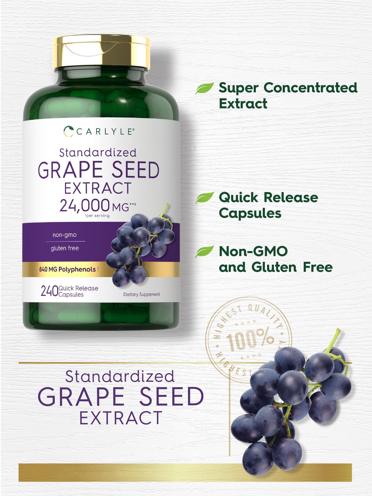 Carlyle Grape Seed Extract | 240 Capsules | Maximum Strength Standardized Extract | Non-GMO, Gluten Free