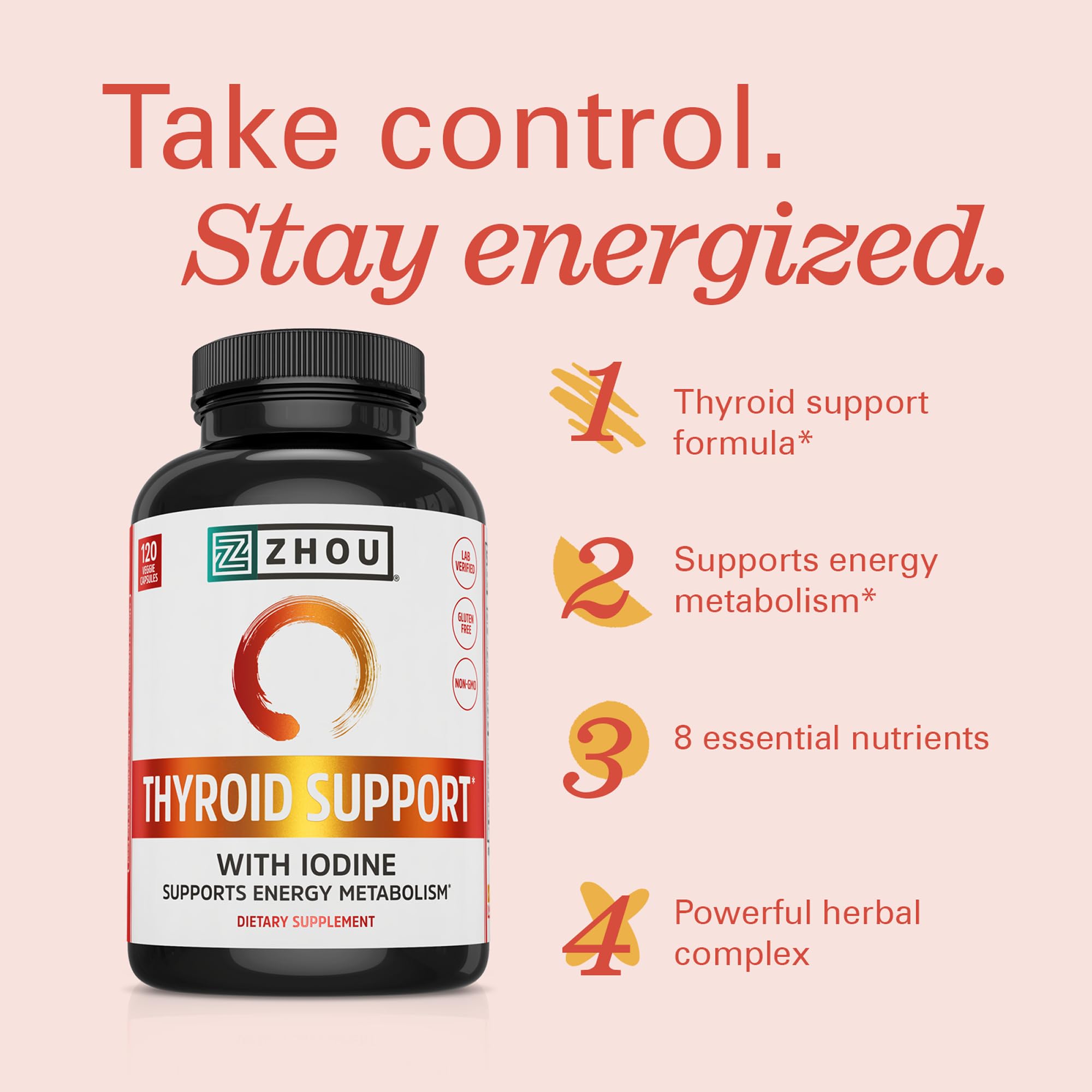 ZHOU Thyroid Support - Thyroid Supplement for Women & Men with Zinc, Iodine, & Selenium, Cellular Energy Thyroid Complex with Ashwagandha, Kelp - 120 Veggie Capsules (Pack of 1)