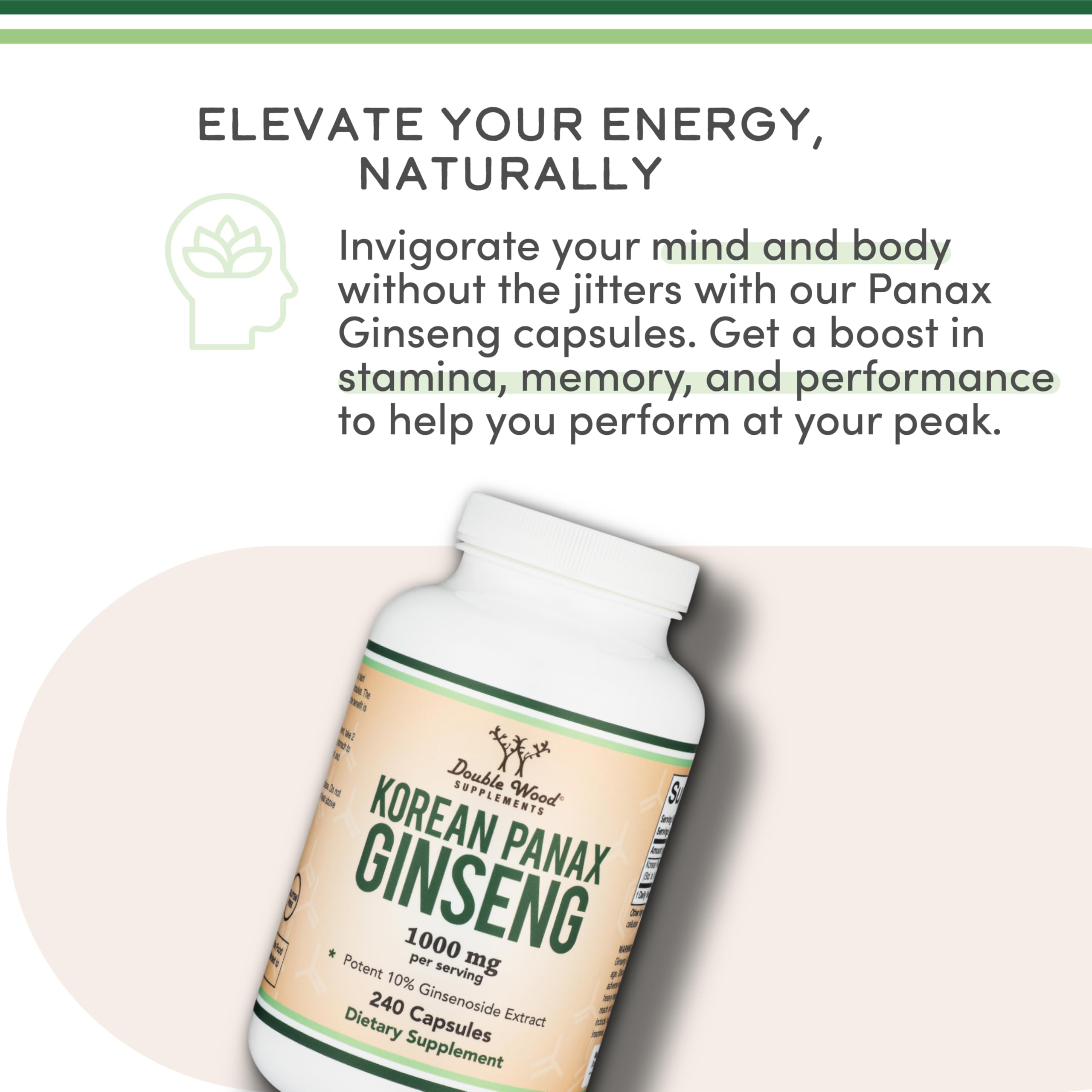 Ginseng Capsules (Korean Red Ginseng Extract, Panax Ginseng 10% Ginsenosides) (4 Month Supply) 240 Vegan Capsules - 1,000mg per Serving for Mood, Cognitive Function and Energy Support by Double Wood