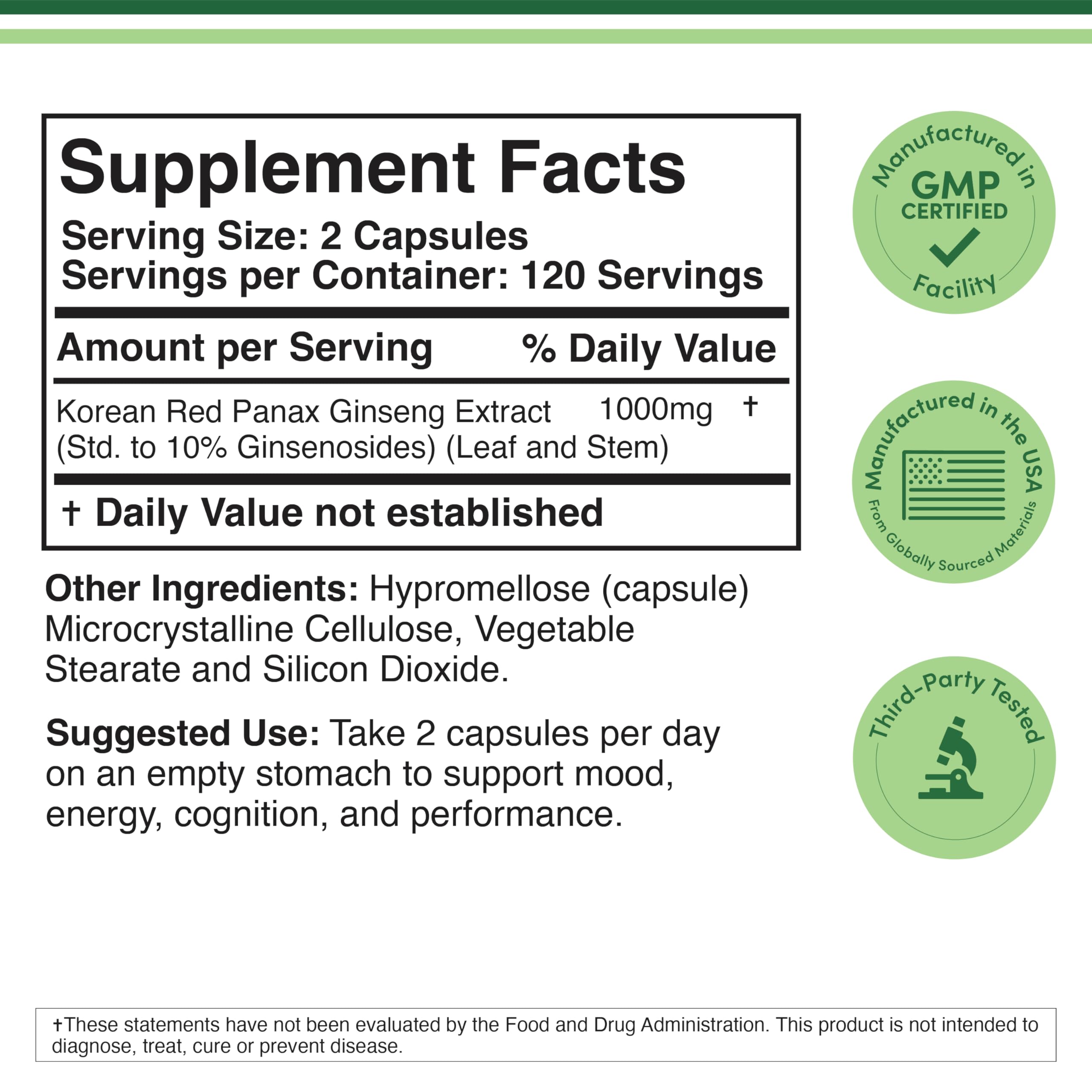 Ginseng Capsules (Korean Red Ginseng Extract, Panax Ginseng 10% Ginsenosides) (4 Month Supply) 240 Vegan Capsules - 1,000mg per Serving for Mood, Cognitive Function and Energy Support by Double Wood