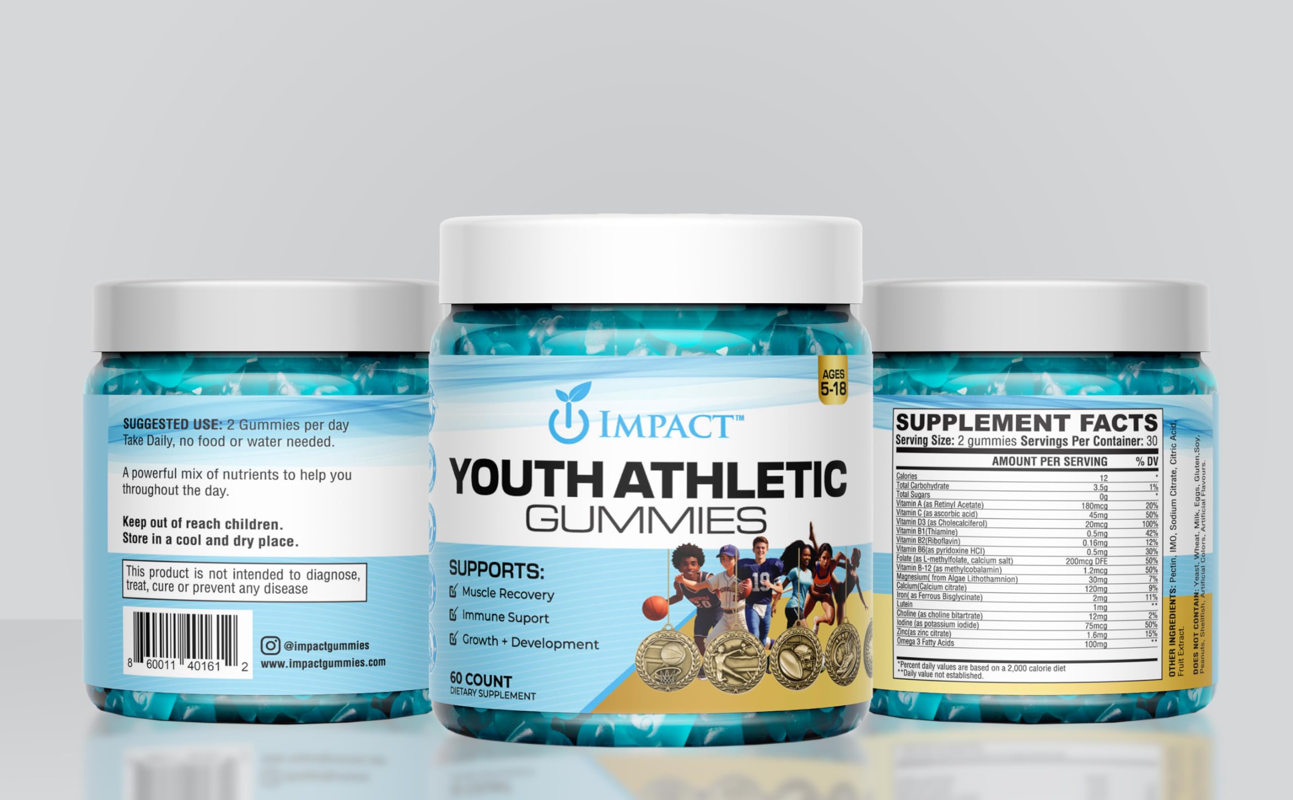 Youth Athletic Gummies – Kids Multivitamin Gummies with Essential Nutrients, Immune & Energy Support, Vegan & Gelatin-Free, Includes Vitamins A, C, B3, B12, Omega-3, Zinc – Ages 5-18