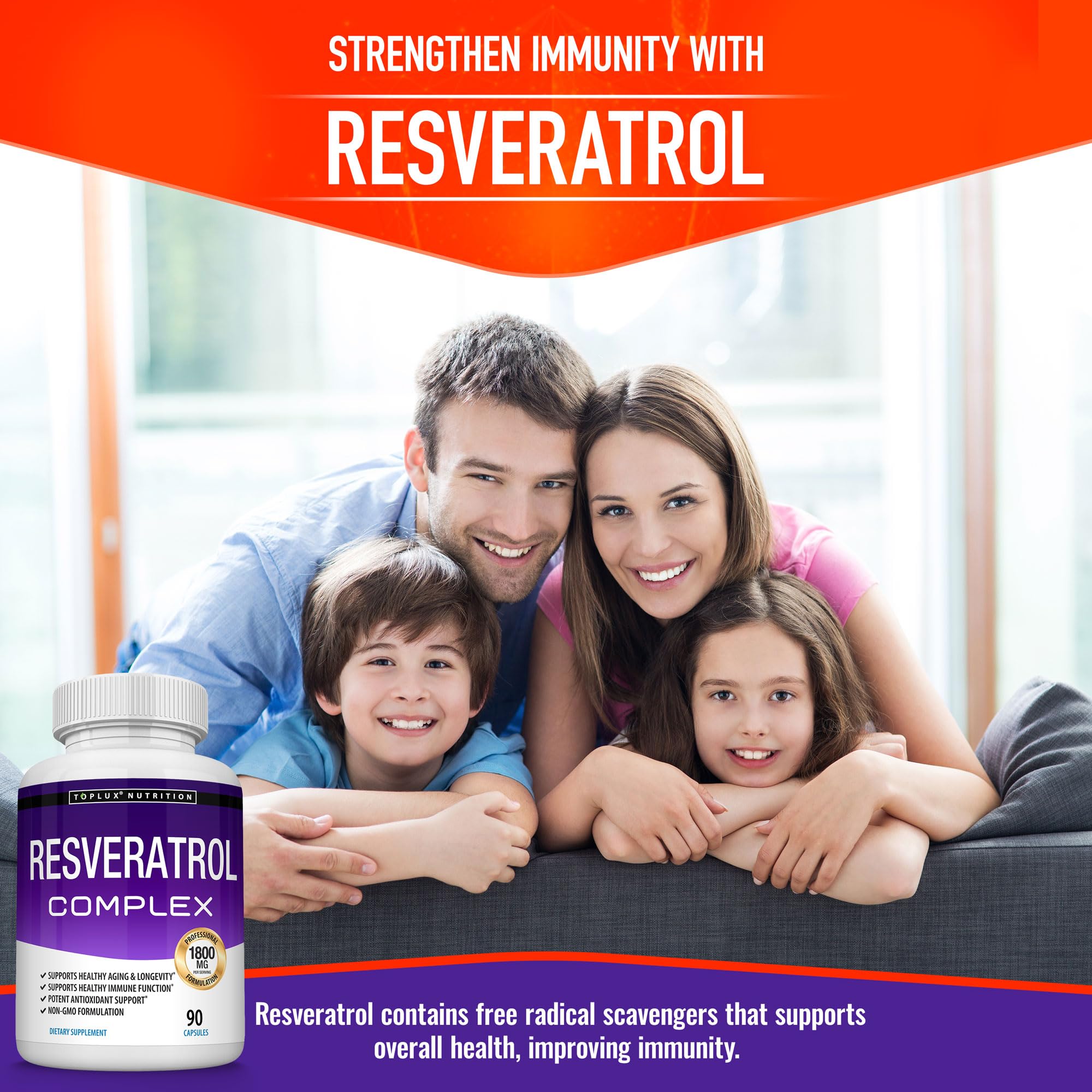 Resveratrol Supplement 1800 mg Antioxidant Complex - Highly Potent Natural Trans-Resveratrol Pills for Healthy Aging, Overall Health Support, Immune System, Brain Function, for Men Women, 90 Capsules