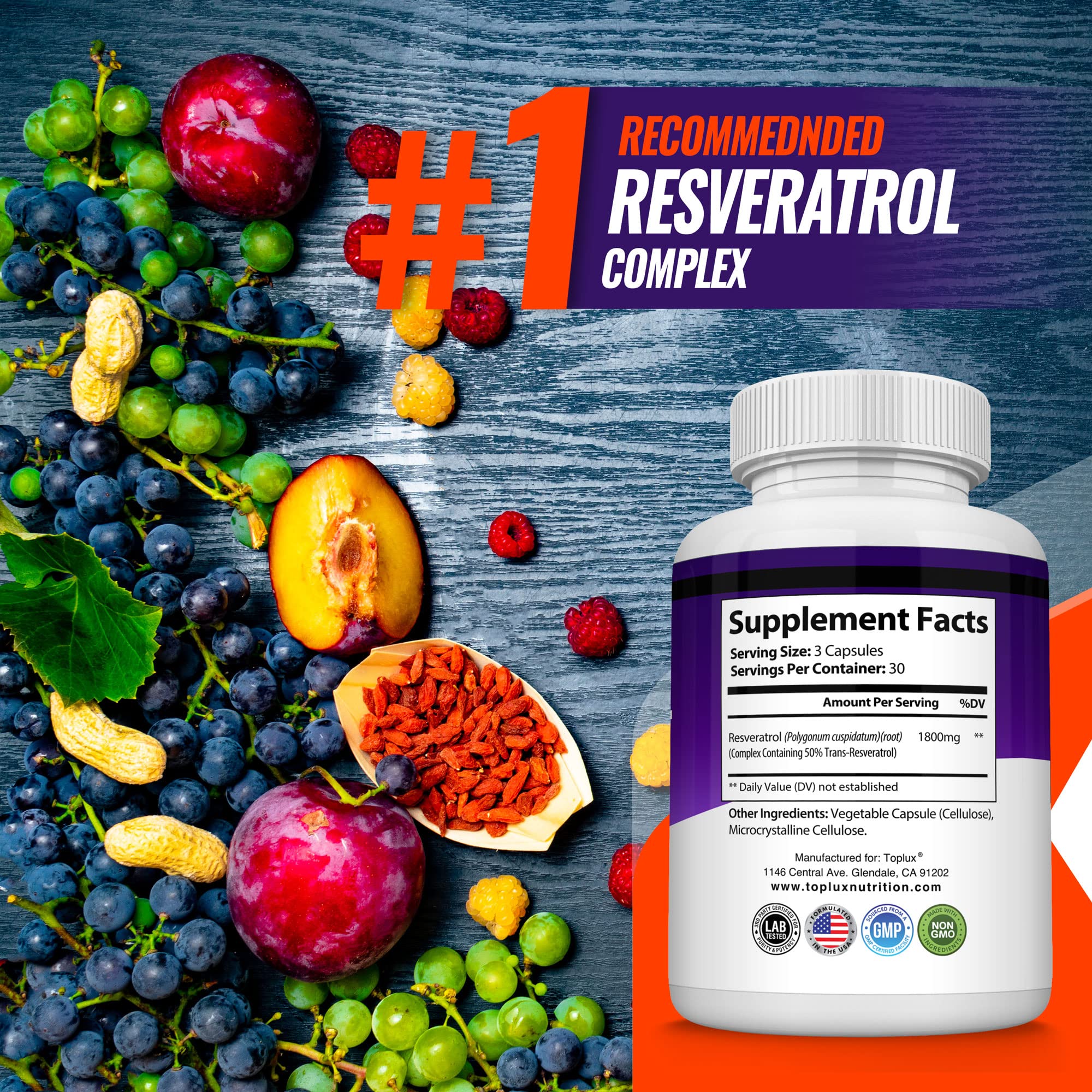 Resveratrol Supplement 1800 mg Antioxidant Complex - Highly Potent Natural Trans-Resveratrol Pills for Healthy Aging, Overall Health Support, Immune System, Brain Function, for Men Women, 90 Capsules
