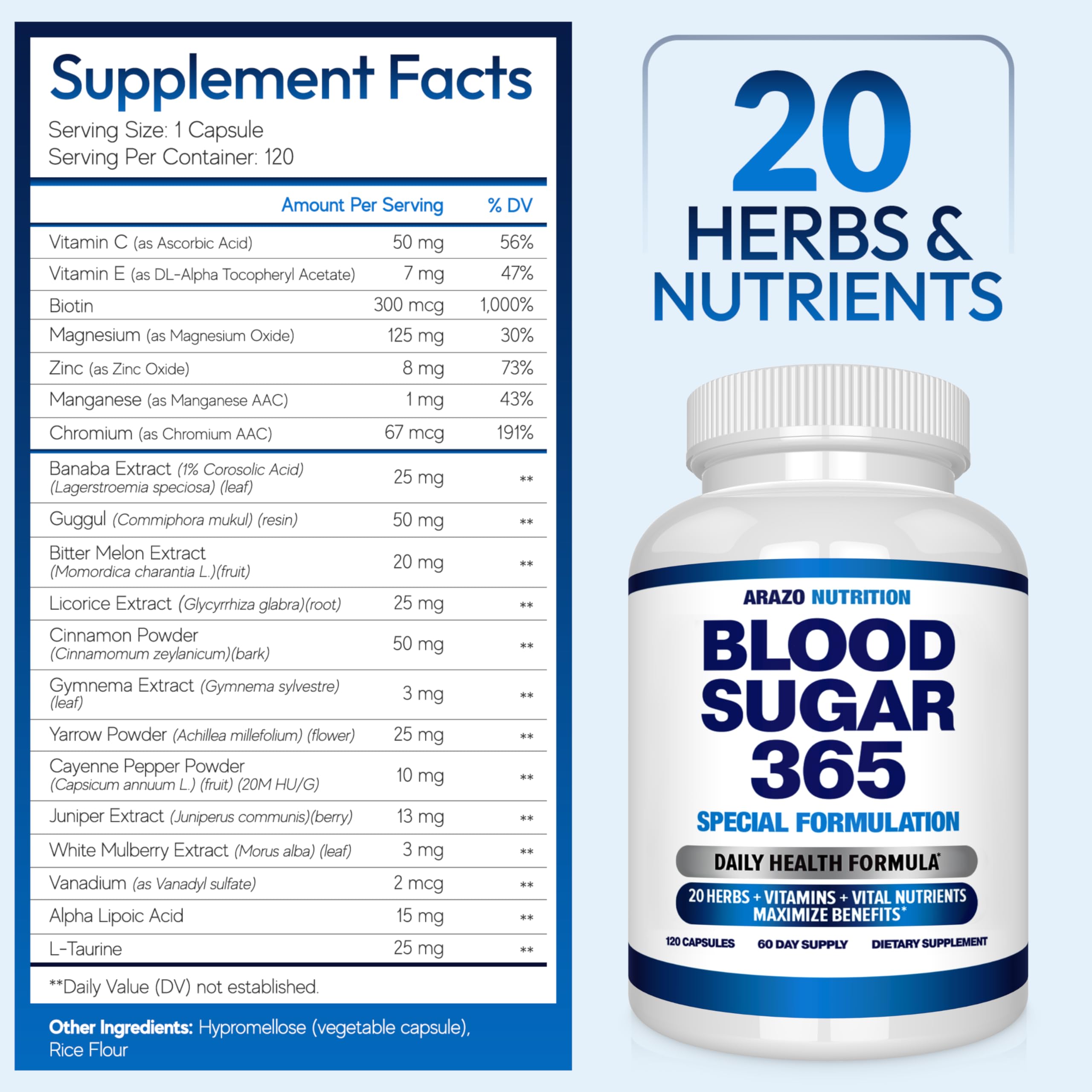 Arazo Nutrition Blood Sugar 365 Supplement – Supports Healthy Energy Levels - 120 Herbal Pills - 60 Day Supply