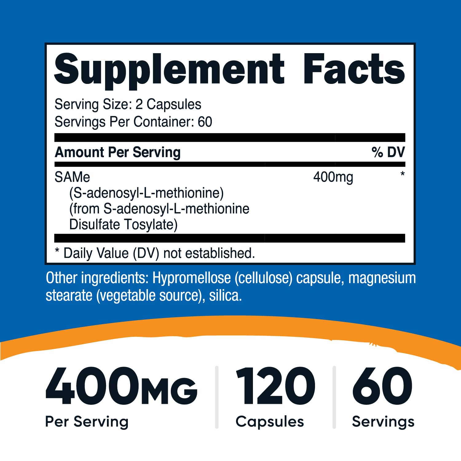 Nutricost SAM-e (S-Adenosyl-L-Methionine) 400mg Per Serving, 60 Servings, 200mg Per Capsule, 120 Capsules - Non-GMO, Gluten Free Same, Vegetarian