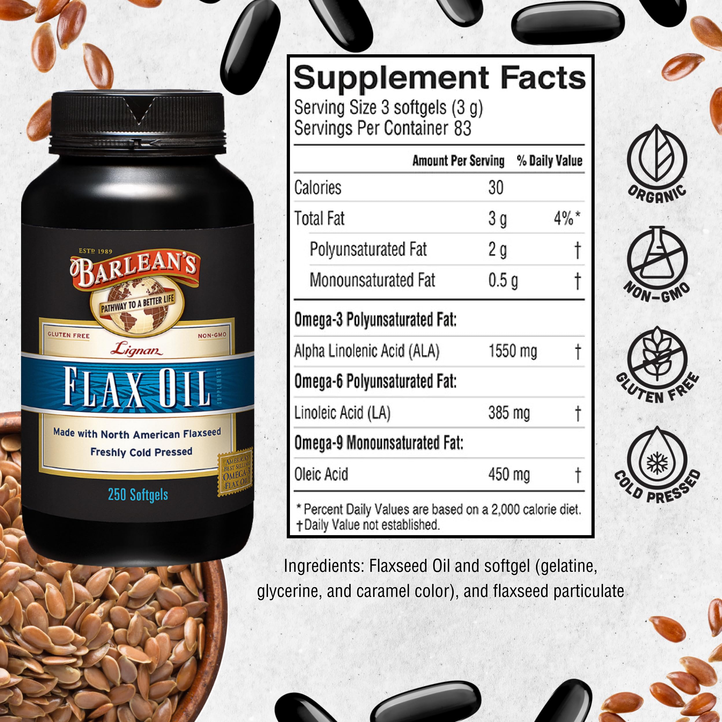 Barlean's Lignan Flaxseed Oil Softgels, Cold-Pressed Flax Seed Supplement with 1,550 mg ALA Omega-3 Fatty Acids for Joint & Heart Health, 1000mg, 250 ct