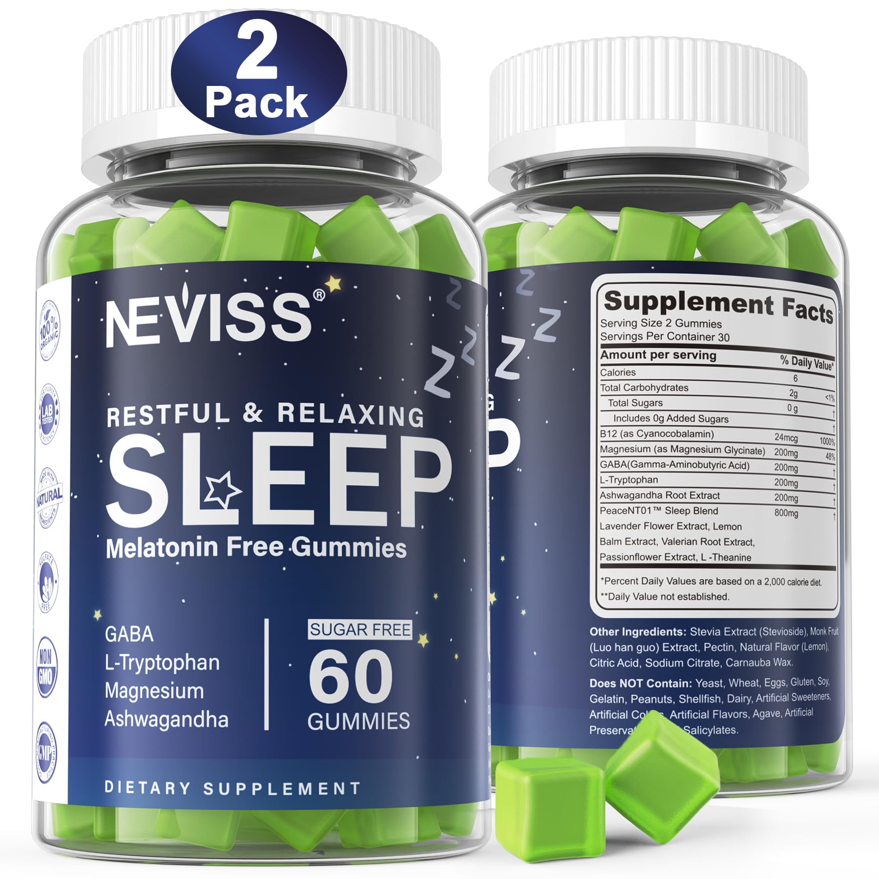 NEVISS Melatonin Free Sleep Aid Gummies for Adults - Magnesium Glycinate Gummies | GABA, L-Tryptophan, Magnesium, Ashwagandha - Non-Habit Forming, Help for Deep Relaxation - Vegan, Lemon Flavor, 2Pack
