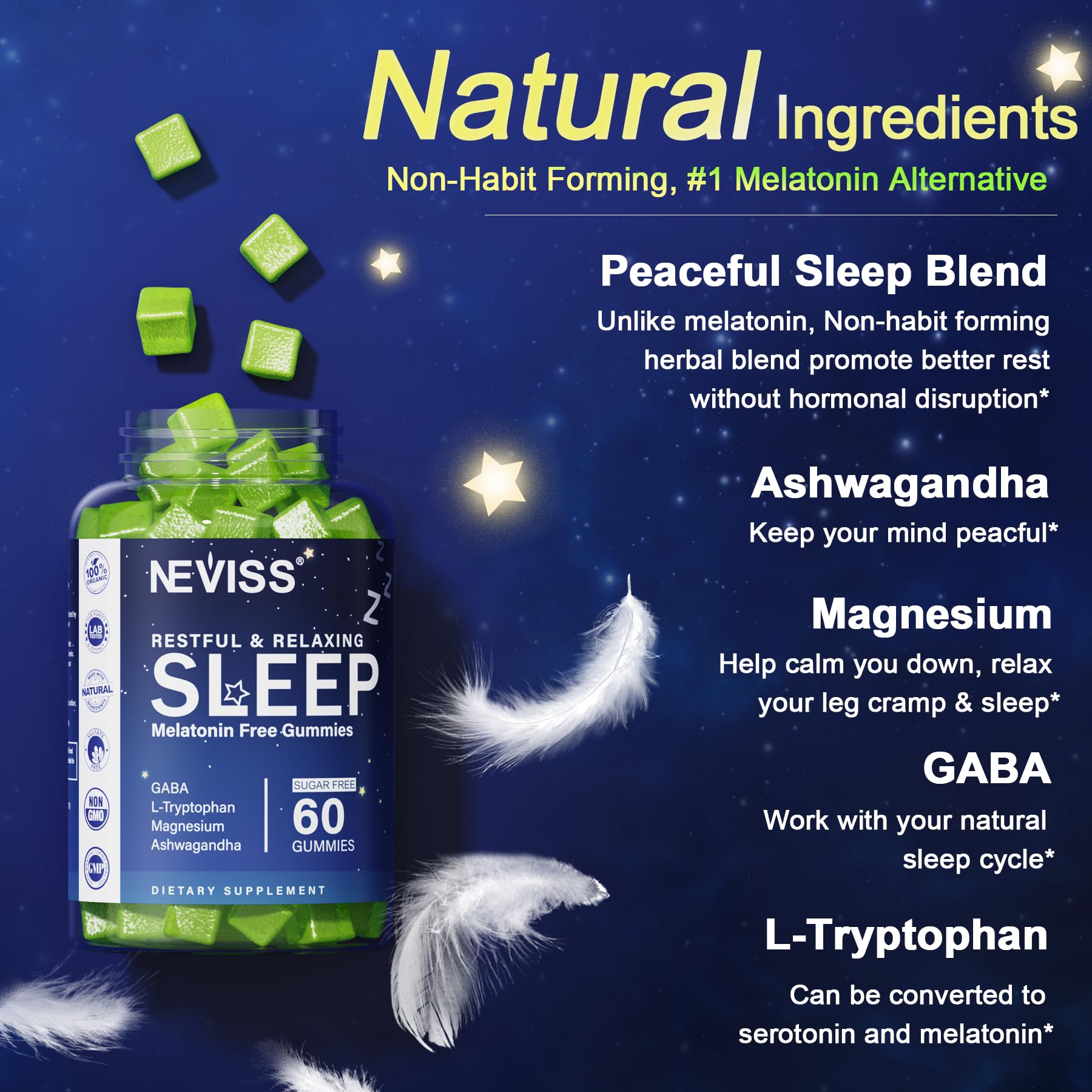 NEVISS Melatonin Free Sleep Aid Gummies for Adults - Magnesium Glycinate Gummies | GABA, L-Tryptophan, Magnesium, Ashwagandha - Non-Habit Forming, Help for Deep Relaxation - Vegan, Lemon Flavor, 2Pack
