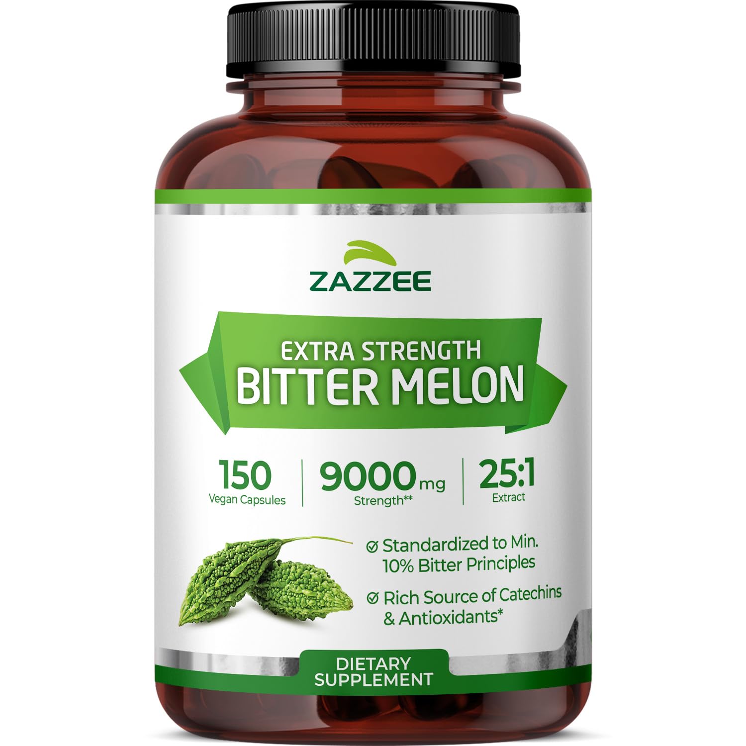 Zazzee Extra Strength Bitter Melon 25:1 Extract, 9000 mg Strength, 10% Bitter Principles, 150 Vegan Capsules, Standardized and Concentrated 25X Extract, 100% Vegetarian, All-Natural and Non-GMO