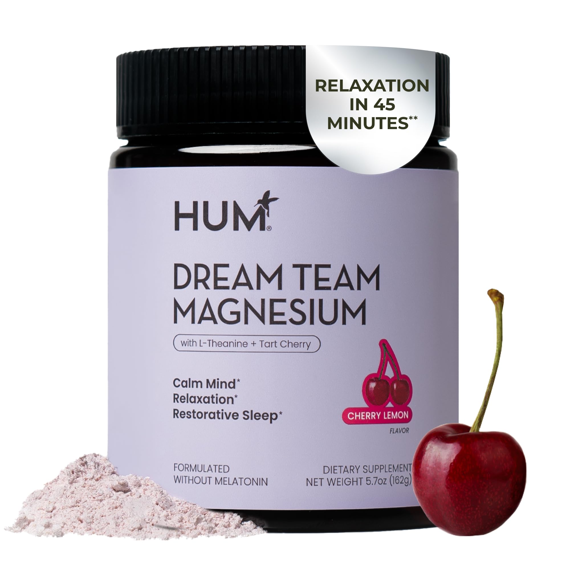 Hum Nutrition Dream Team Magnesium Bisglycinate Powder, L Theanine & Tart Cherry Magnesium Supplement Drink Mix, Support Rest, Relaxation & Sleep Routine, Gluten Free, Vegan, Cherry Lemon, 30 Servings