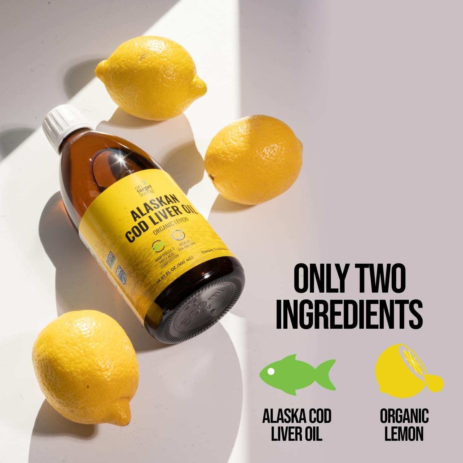 On Target Living Alaskan Cod Liver Oil Liquid | Organic Lemon Flavor 16.67 oz | Line Caught in The USA | Naturally Occurring Vitamin D | Rich in Omega 3 DHA/EPA | Non-GMO Project Certified