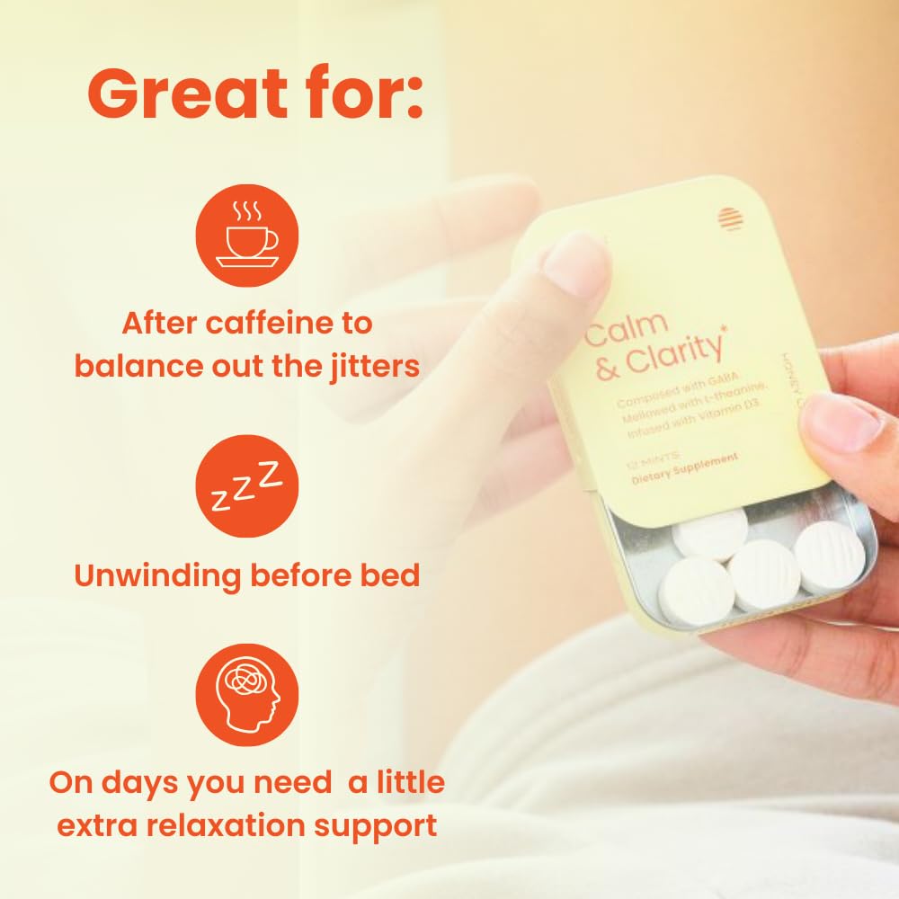 Neuro Calm & Clarity Mints - GABA L-Theanine Stress Supplement with Vitamin D3 - Non-Drowsy, Functional Calming Mints for Mood, Mental Clarity & Cognitive Function - Honey Lemon, 72 ct