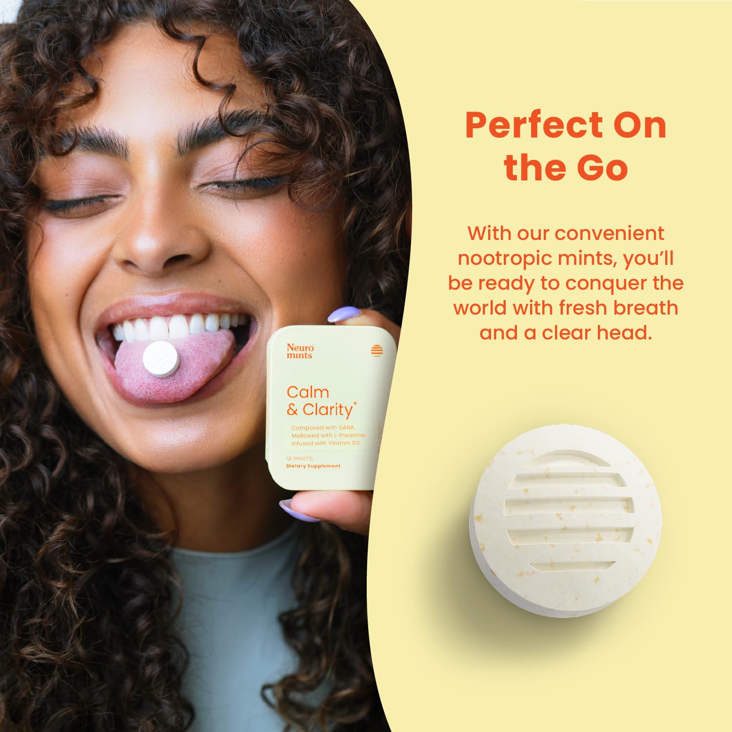 Neuro Calm & Clarity Mints - GABA L-Theanine Stress Supplement with Vitamin D3 - Non-Drowsy, Functional Calming Mints for Mood, Mental Clarity & Cognitive Function - Honey Lemon, 72 ct