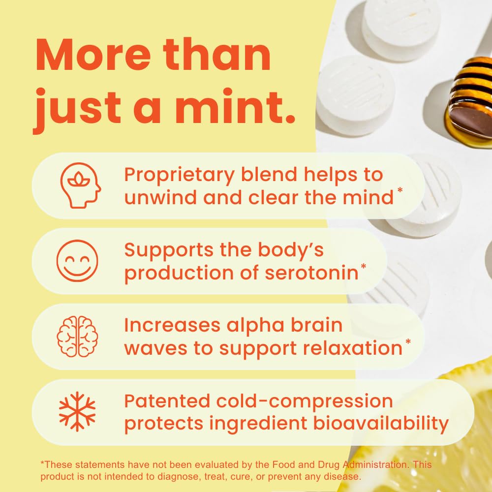 Neuro Calm & Clarity Mints - GABA L-Theanine Stress Supplement with Vitamin D3 - Non-Drowsy, Functional Calming Mints for Mood, Mental Clarity & Cognitive Function - Honey Lemon, 72 ct