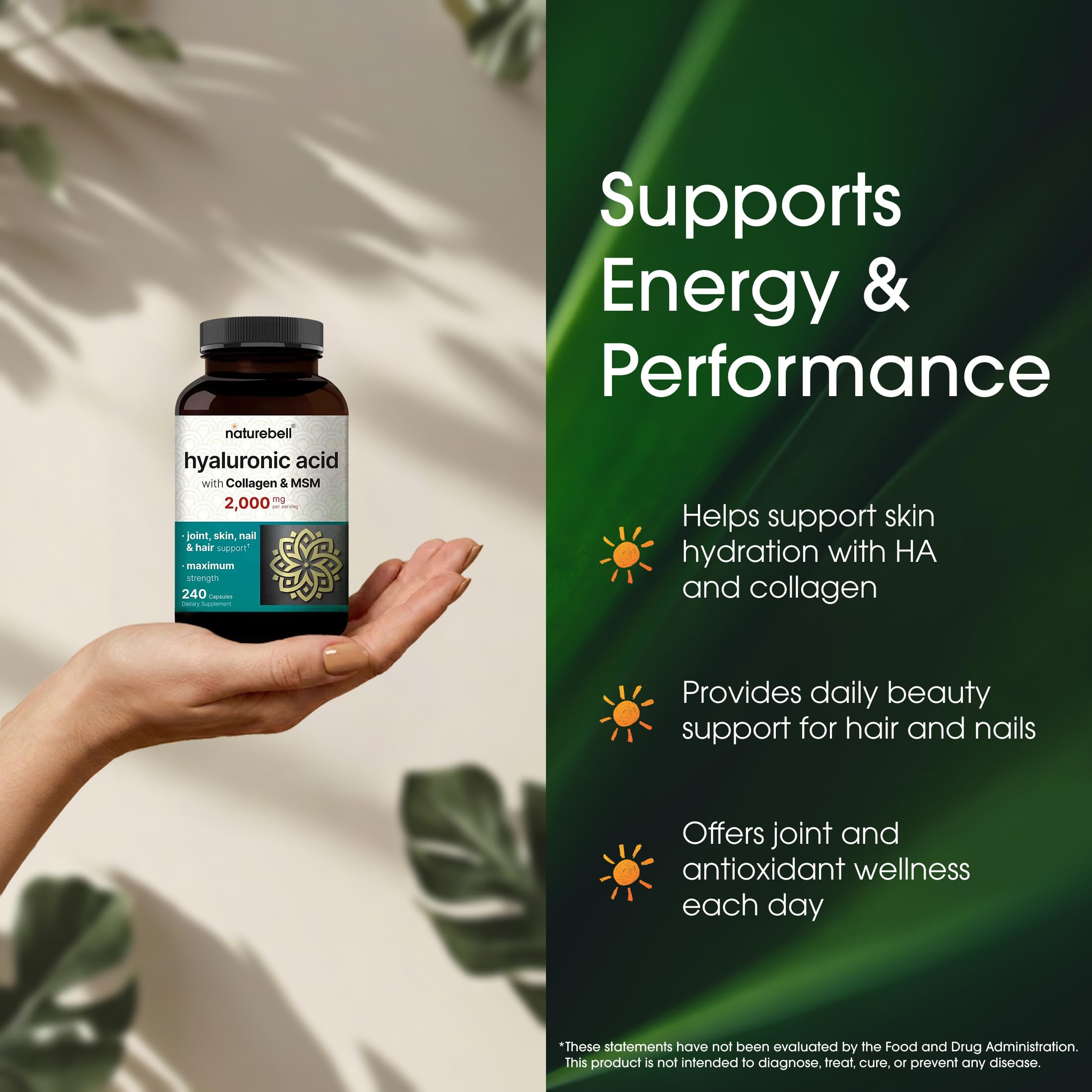 NatureBell Hyaluronic Acid 2,000mg with Collagen & MSM - 240 Capsules - Skin Hydration, Hair, Nail & Joint Support - Water Soluble Formula for Easy Absorption* - Non-GMO & Gluten-Free