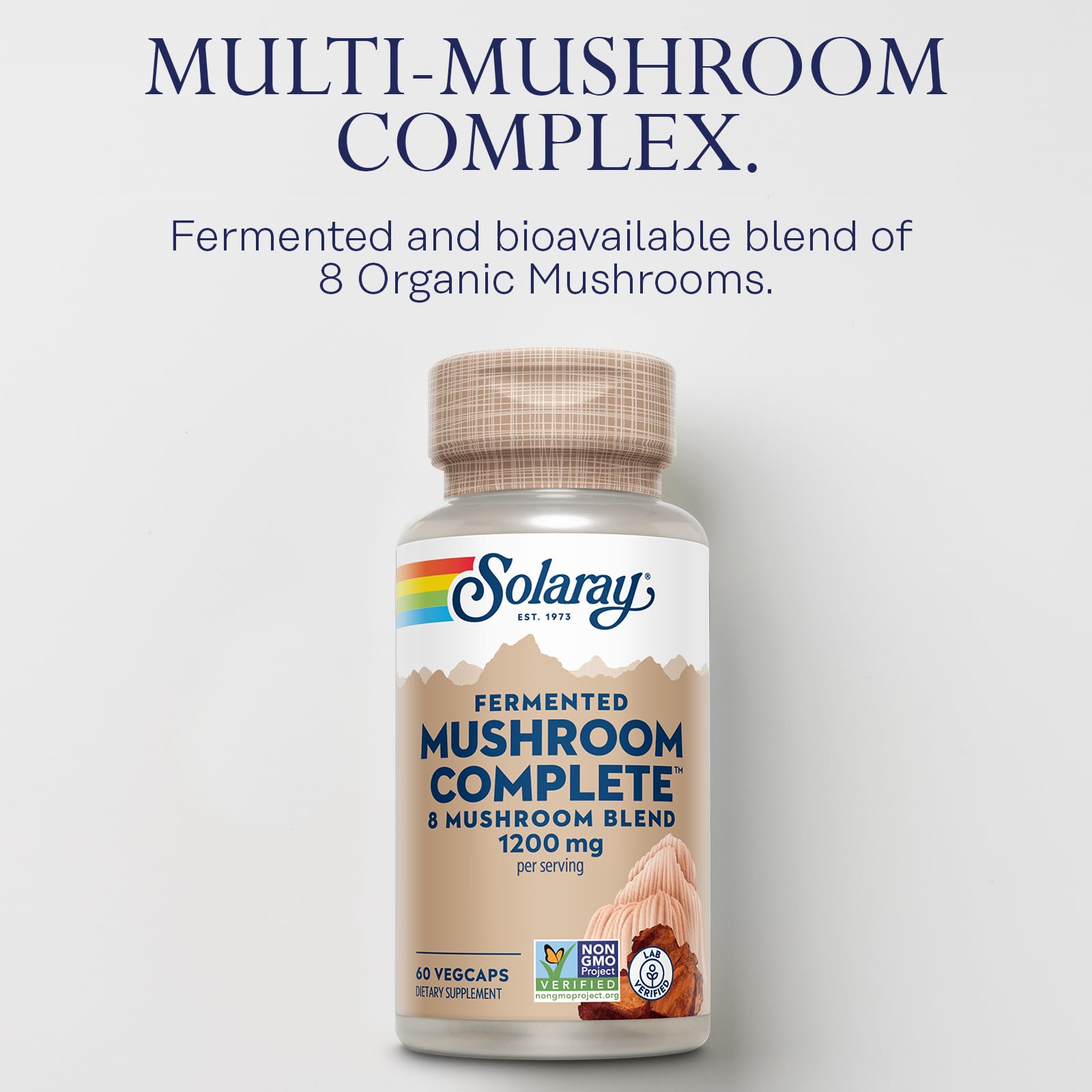 SOLARAY Fermented Mushroom Complete - Organic Chaga, Reishi, Shiitake, Cordyceps, Turkey Tail Mushroom and Lions Mane Supplement Capsules - 8 Mushroom Supplement - Non-GMO, 30 Servings, 60 VegCaps