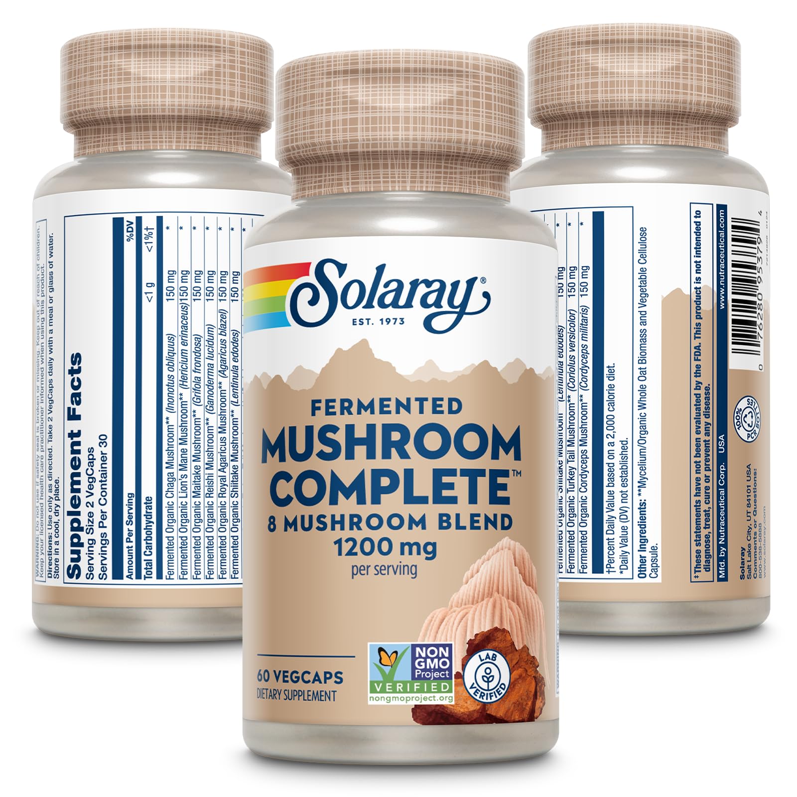 SOLARAY Fermented Mushroom Complete - Organic Chaga, Reishi, Shiitake, Cordyceps, Turkey Tail Mushroom and Lions Mane Supplement Capsules - 8 Mushroom Supplement - Non-GMO, 30 Servings, 60 VegCaps