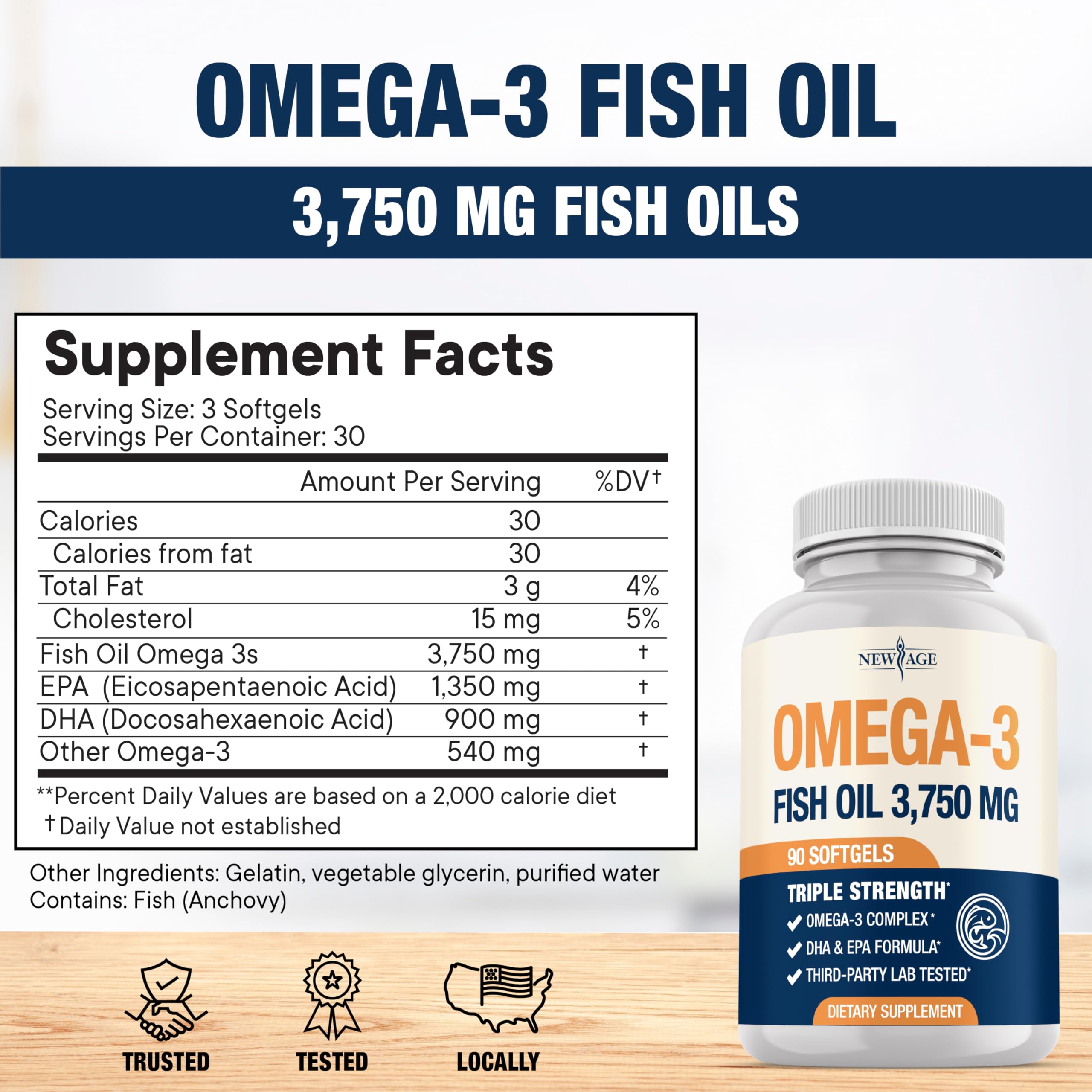 Triple Strength Omega 3 Fish Oil 3750 mg - EPA & DHA - Over 3000mg Omega-3 Fatty Acids - 1350mg EPA + 900mg DHA - Best Essential Fatty Acids, Burpless Fish Oil - 180 Count