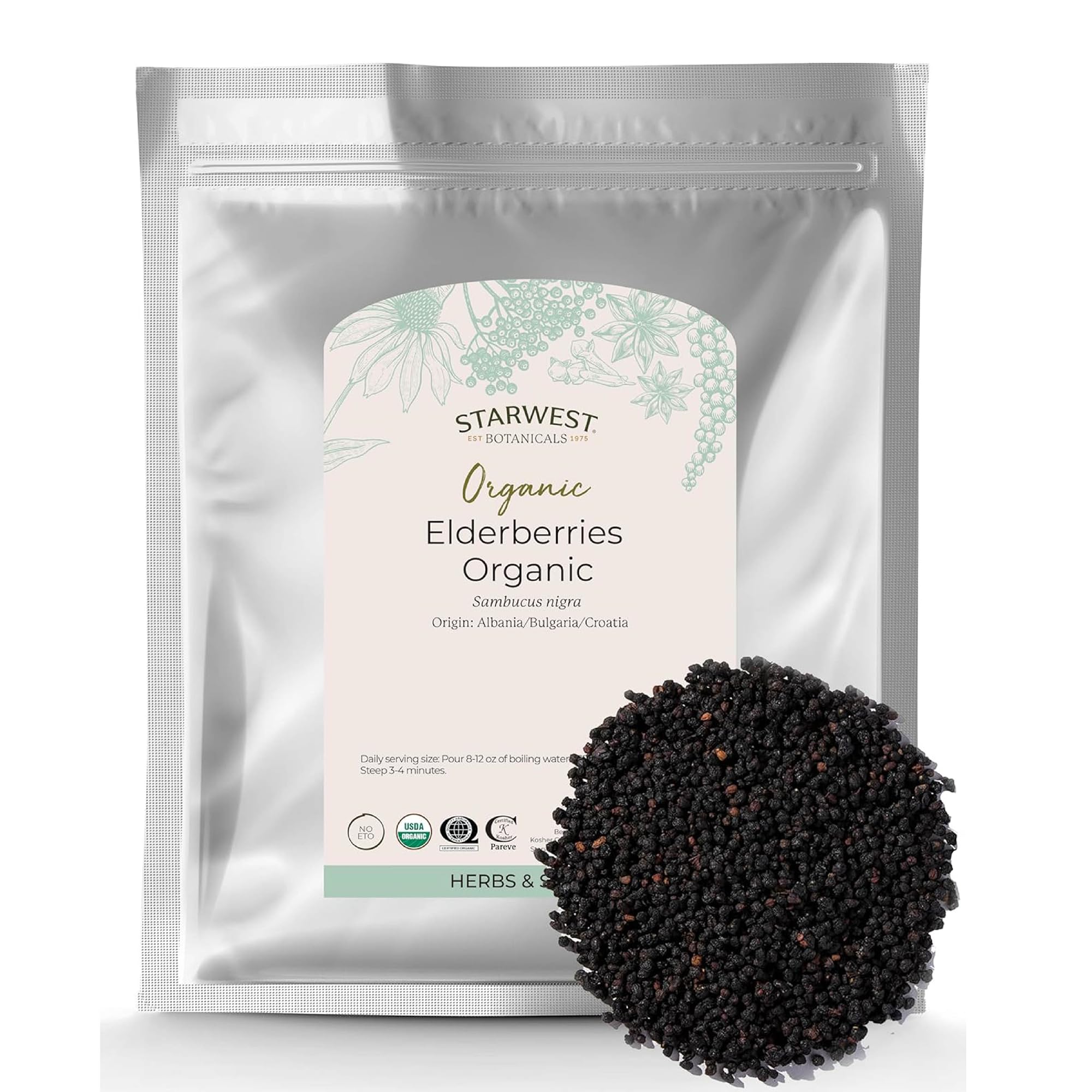 Starwest Botanicals Organic Elderberries - Dried Elderberries for Syrup, Tea, Gummies, & Jam, Certified Kosher, Non-GMO - Bulk 1 lb Bag