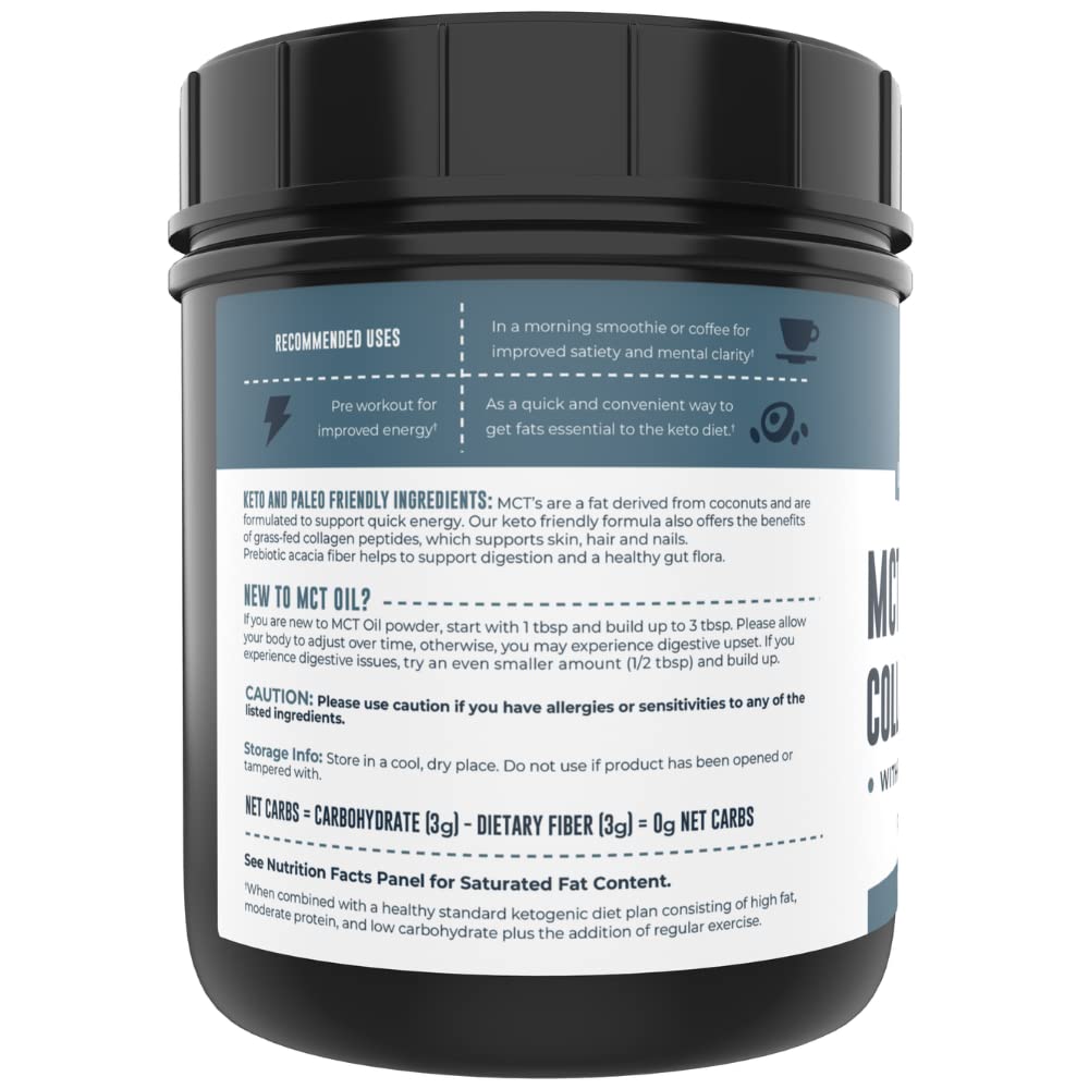 MCT Oil Powder with Acacia Fiber & Collagen Peptides – Prebiotic Collagen Protein, 10g MCTs from Coconuts, Sugar Free Keto Coffee Creamer – Grass Fed, Unflavored, Non-GMO, Gluten Free, 16 oz