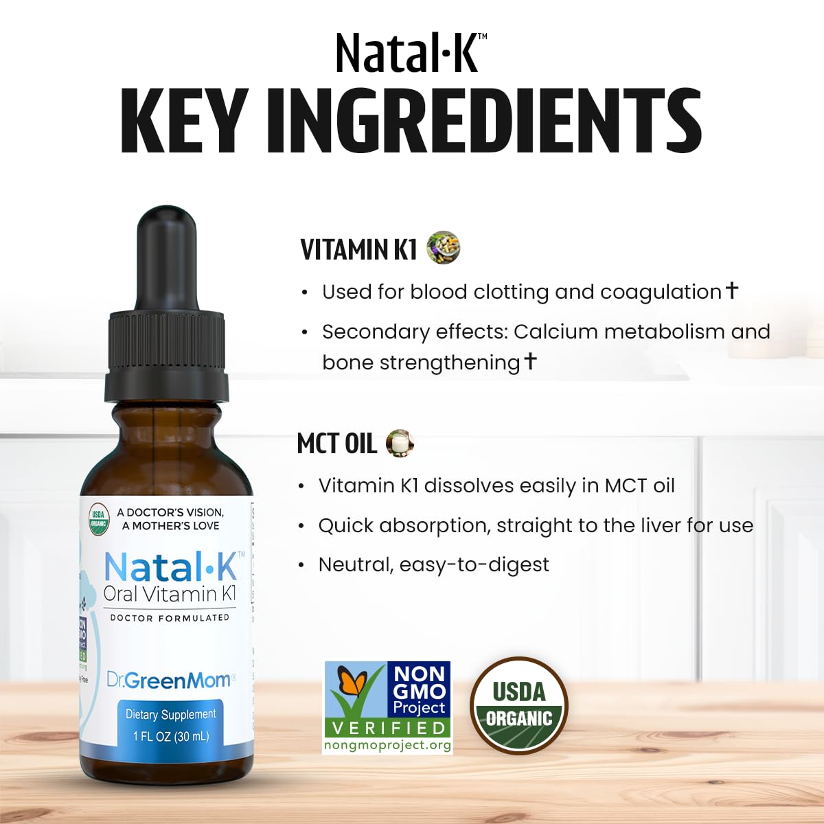 Dr. Green Mom Natal K Oral Vitamin K1 Drops for Newborns | Organic Phytonadione in MCT Oil | Natural VIT K for Babies to Support Blood Clotting