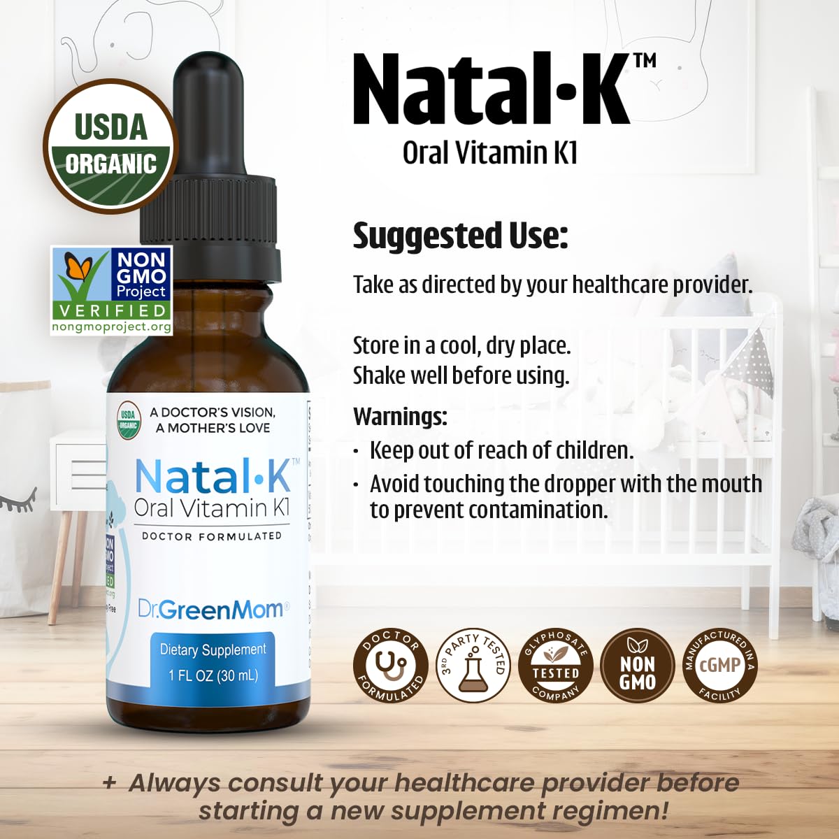 Dr. Green Mom Natal K Oral Vitamin K1 Drops for Newborns | Organic Phytonadione in MCT Oil | Natural VIT K for Babies to Support Blood Clotting