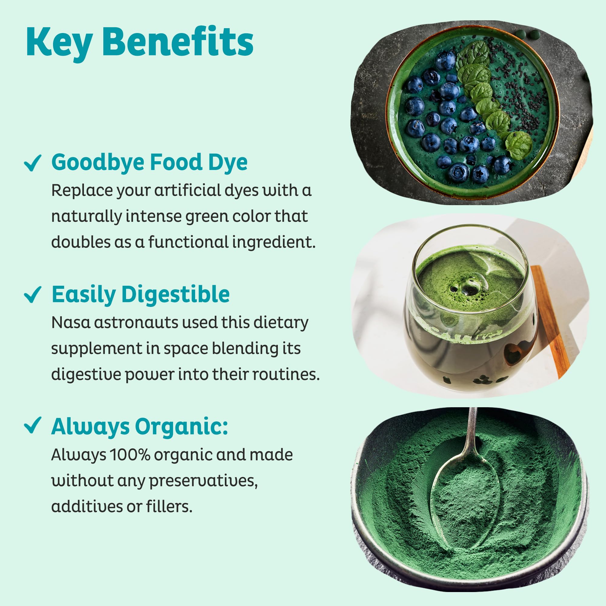 KOS Organic Spirulina Powder - USDA Certified Organic, 109 Servings of Superfood Powder for Smoothies & Juices, Non-Irradiated Blue Green Algae, Plant Based with Antioxidants, Vegan (13.5oz)
