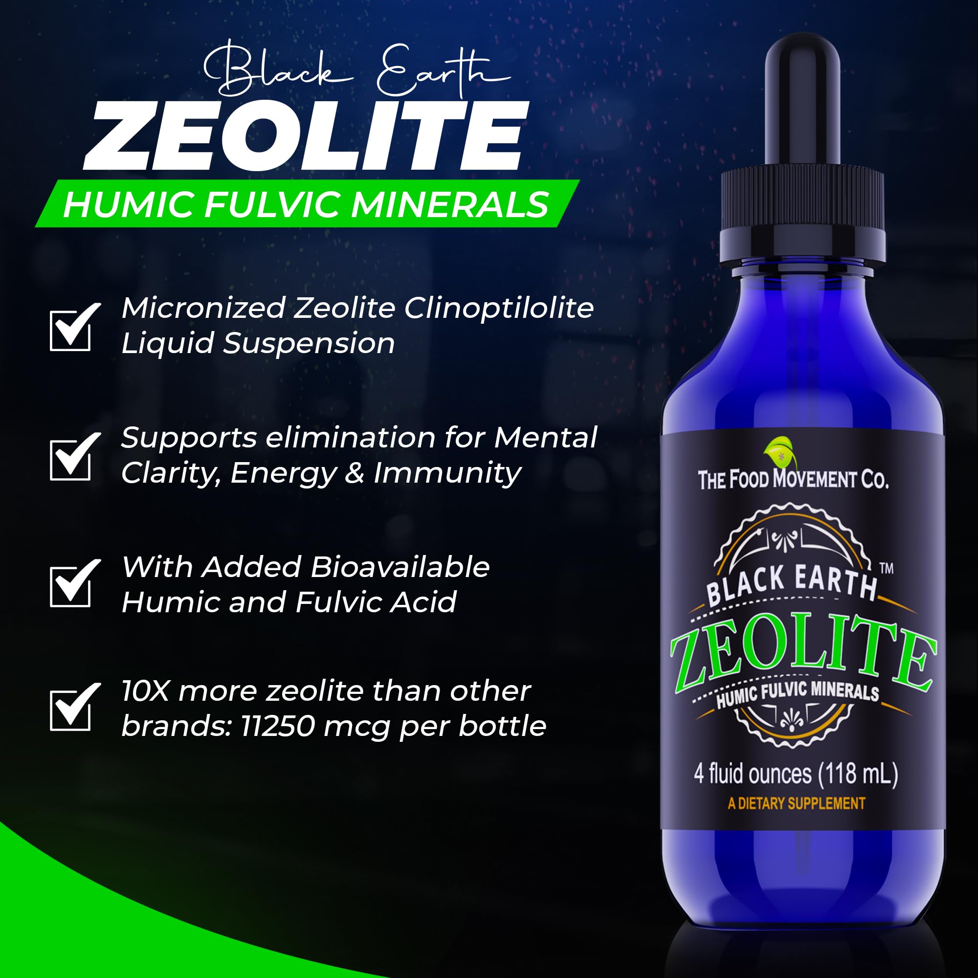 Black Earth Zeolite with Humic Fulvic Acids Trace Minerals for Adults and Kids for Detox, Gut Health and Immune Support - Value Size 4 Fl Oz Liquid Drops Supplement