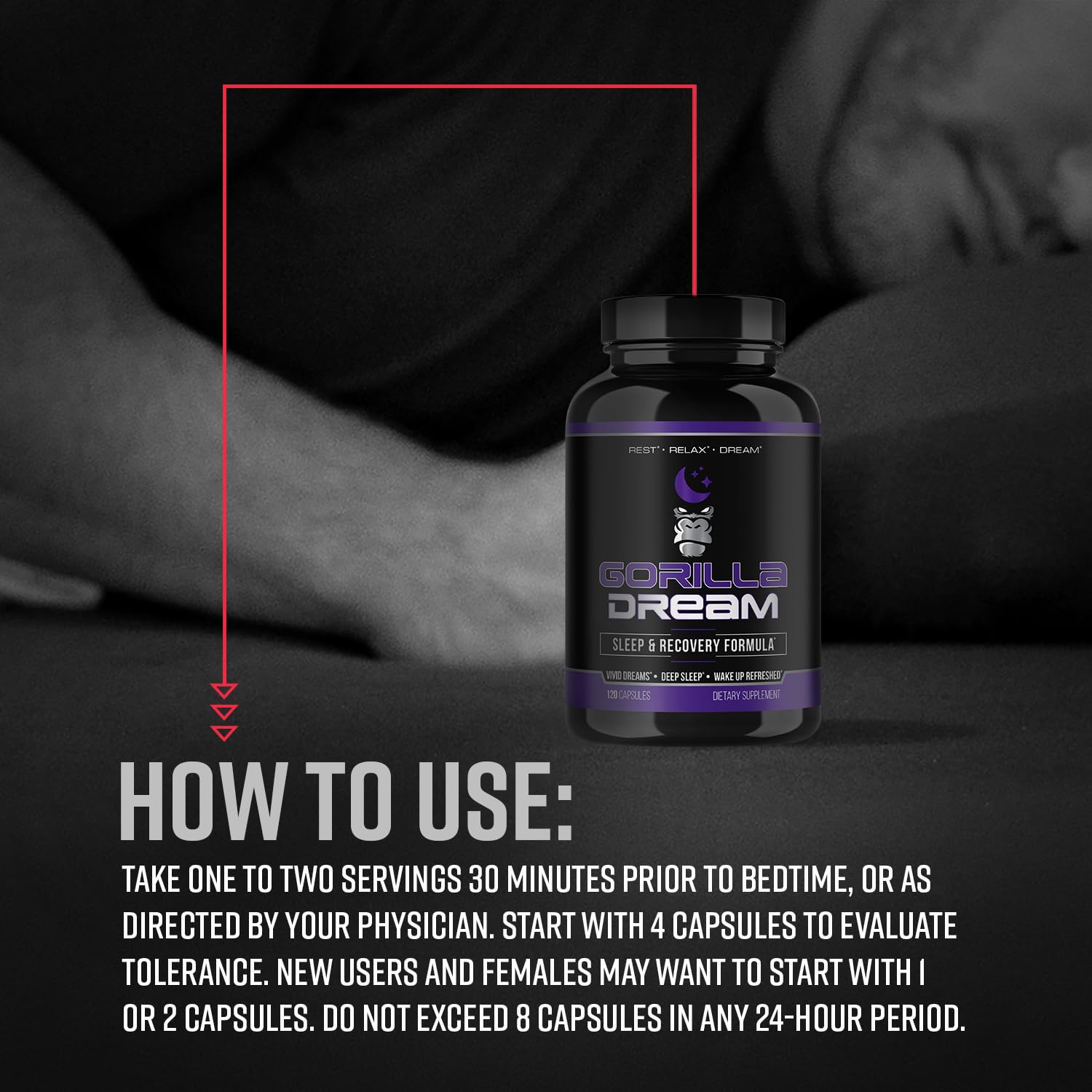 Gorilla Mind Dream Sleep Supplement (120 Capsules) - Nootropic Infused Comprehensive Sleep & Recovery Supplement - GABA, Melatonin, Valerian Root, Magnesium, L-Theanine, Sensoril, Ashwagandha & More