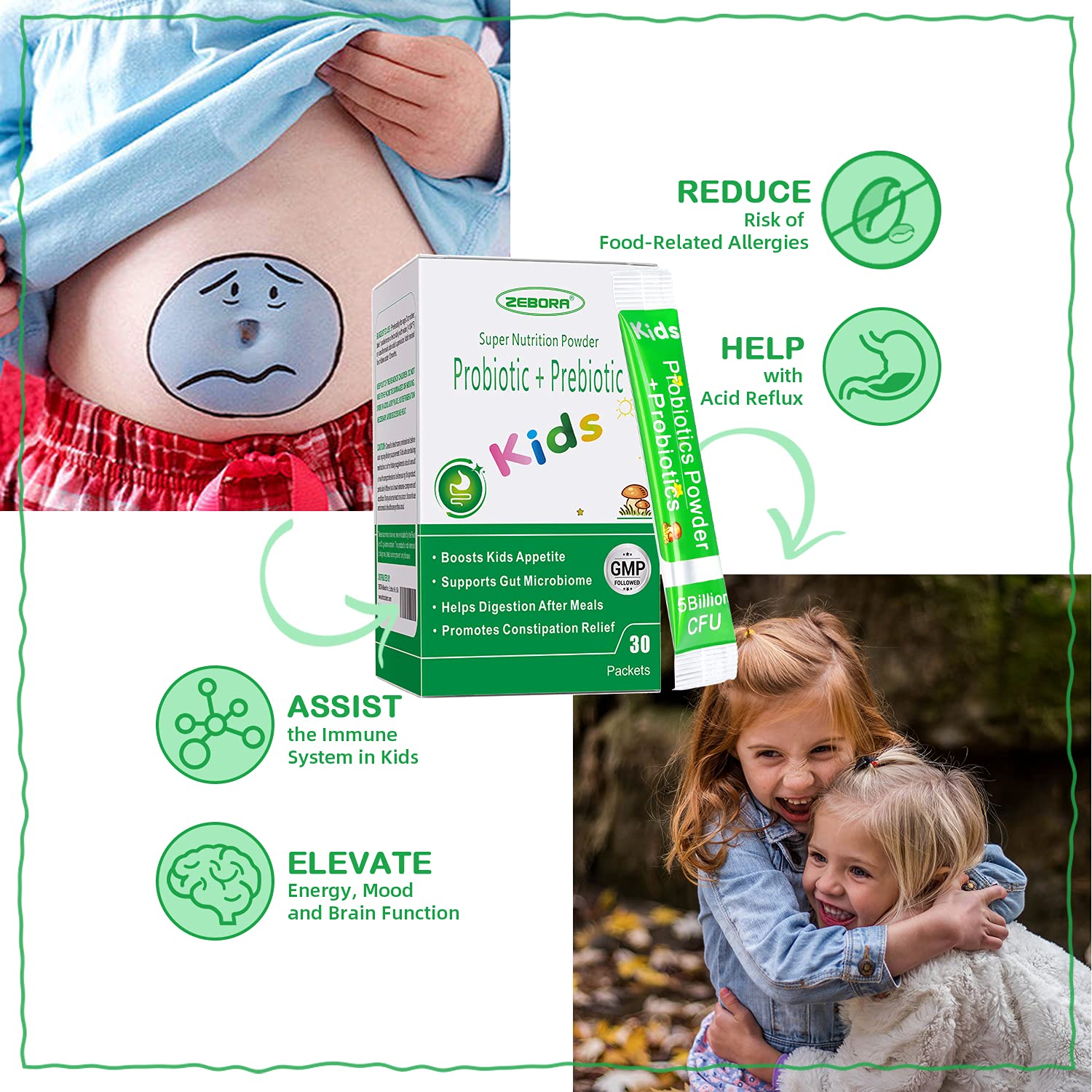 ZEBORA Kids Probiotic & Prebiotics Powder Age 3+ Support Children's Digestive & Immune System with Natural Source, Promotes Constipation Relief, Non-GMO, Gluten-Free, 30 Packets with 5 Billion CFUs