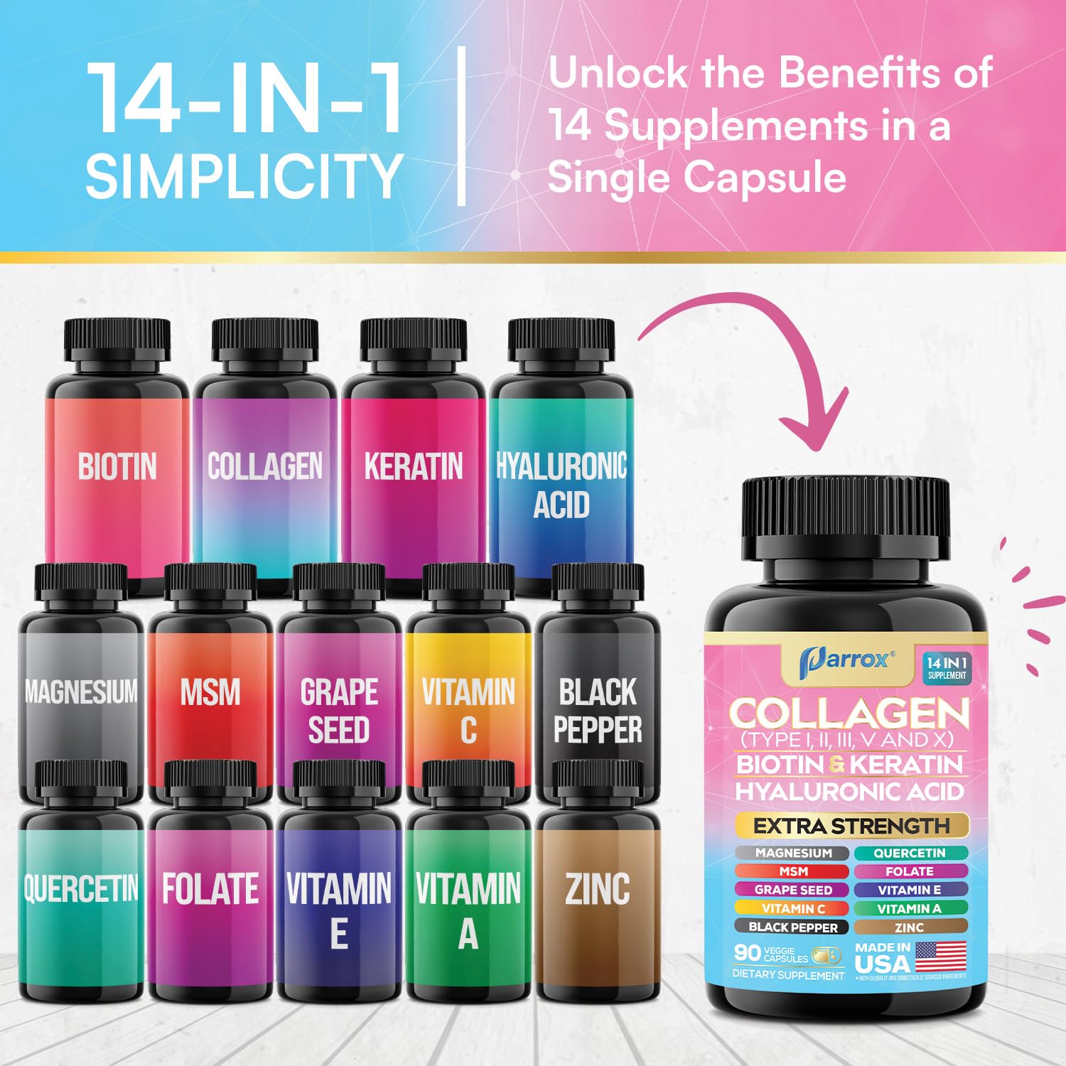 Parrox Collagen Peptides Types I, II, III, V & X, MCG Biotin, Keratin, Hyaluronic Acid, MSM, Zinc, Grape Seed Extract, Quercetin, Vitamin A, Vitamin C, Vitamin E, Magnesium, Folic Acid (90 Capsules)