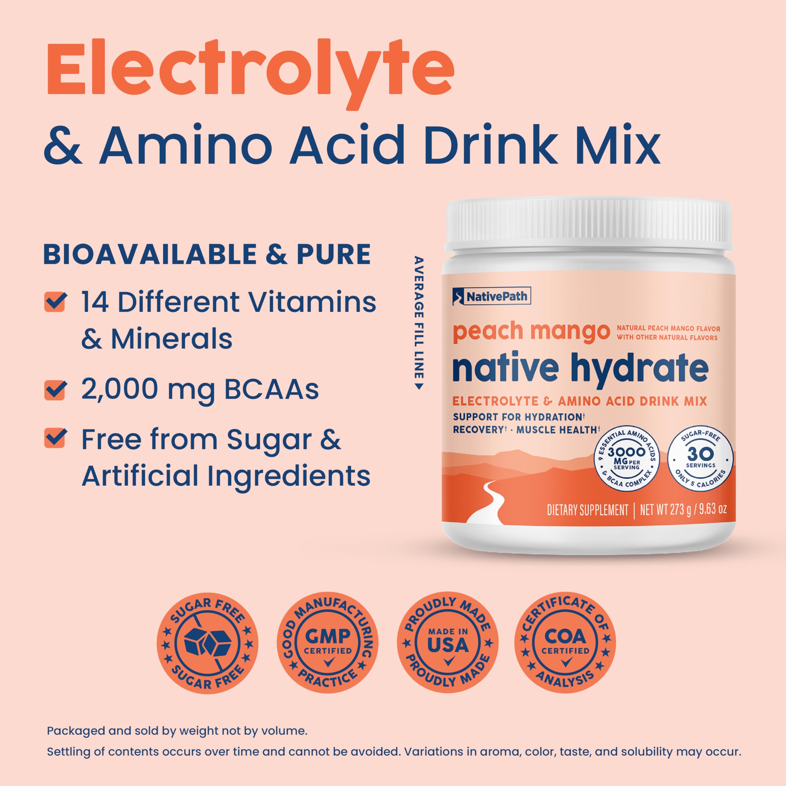 NativePath Native Hydrate, Zero Sugar, Electrolytes Powder with BCAAs, Peach Mango Hydration, Keto & Paleo Friendly, 30 Servings
