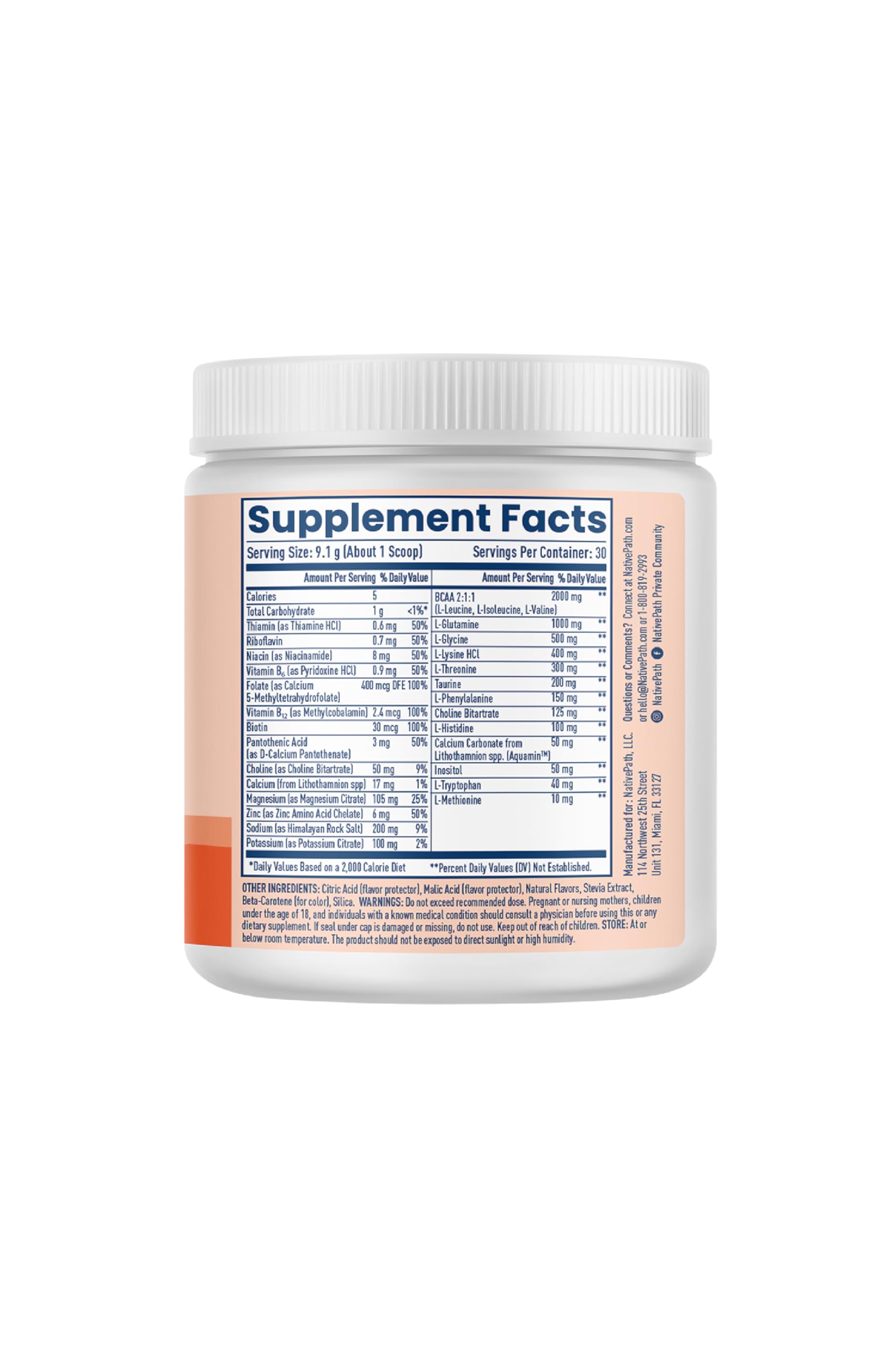 NativePath Native Hydrate, Zero Sugar, Electrolytes Powder with BCAAs, Peach Mango Hydration, Keto & Paleo Friendly, 30 Servings